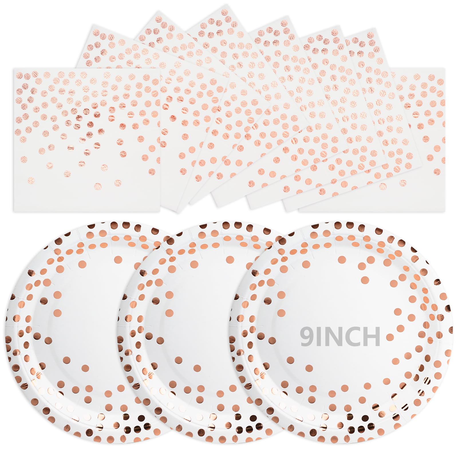 50Pcs Rose Gold and White Paper Plates, Disposable Party Plates and Napkins, 9 Inch Strong Paper Plate, Party Tableware Set for Birthday Bridal Shower Wedding Table Decorations