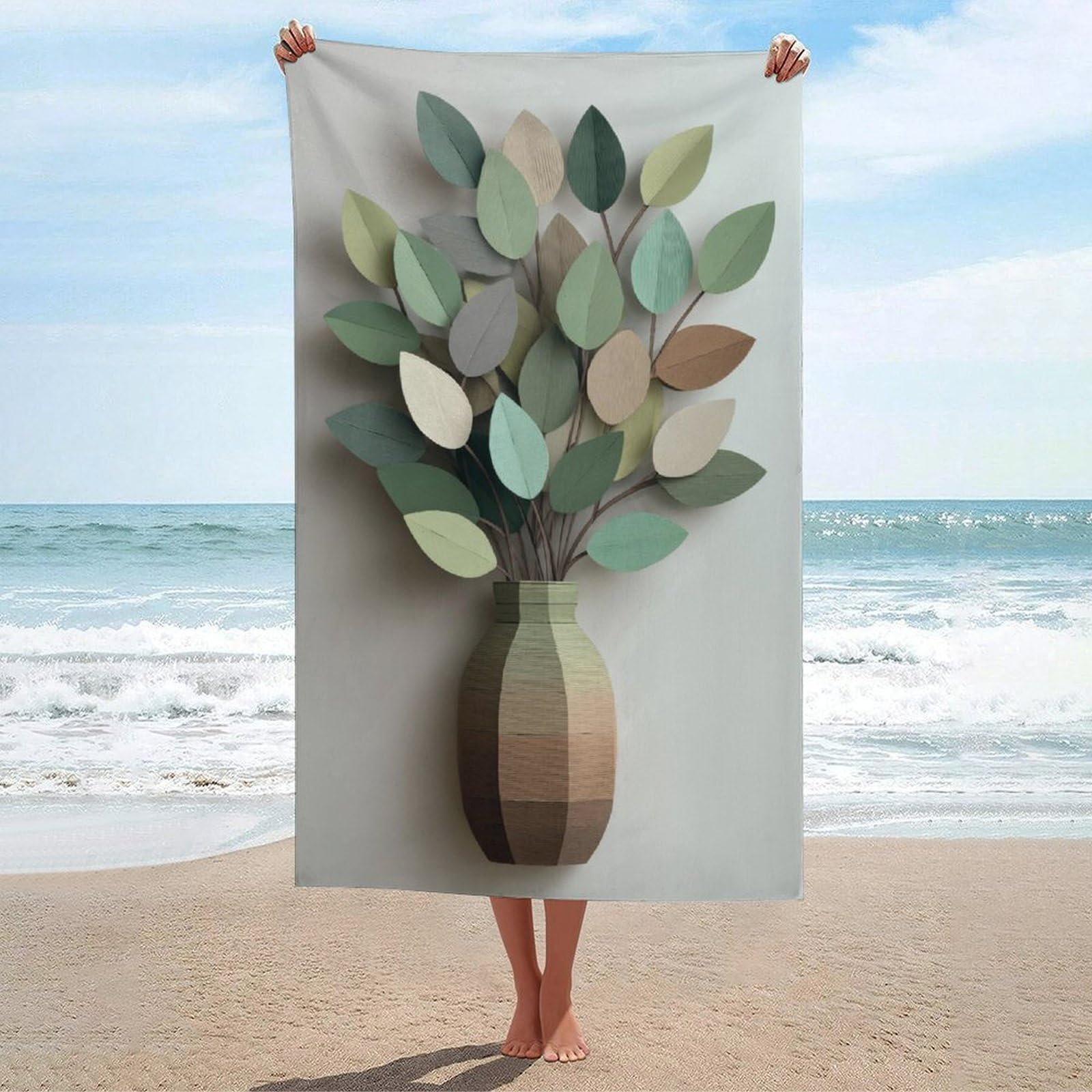 asbwuo Vase with Leaves in A Light Brown Green Beach Towel