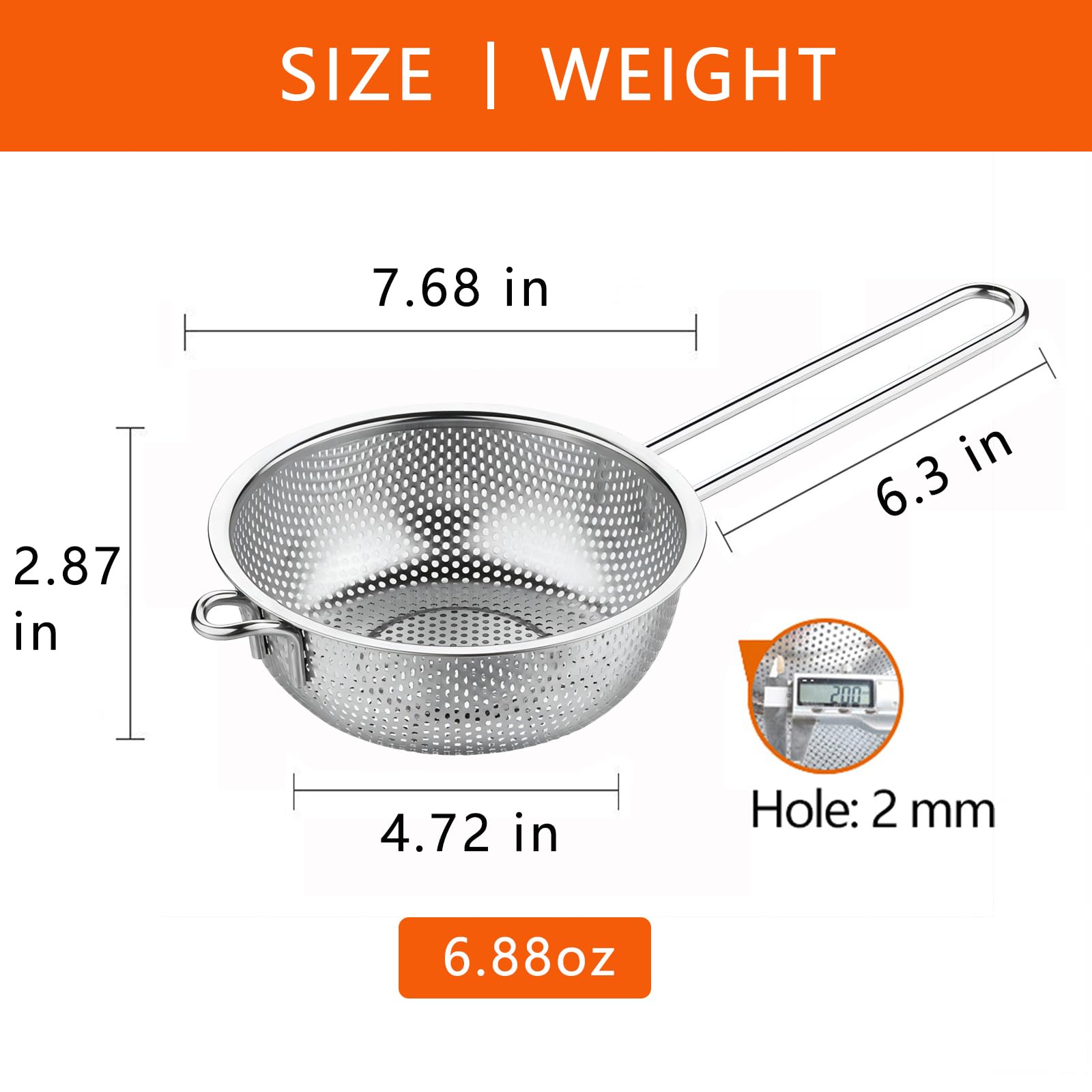 Colador de lavabo de acero inoxidable con asa, colador de cocina, pies de descanso y colador para colar, enjuagar, freír, cocinar al vapor o cocinar verduras y pasta y lavar frutas, 7.68 2