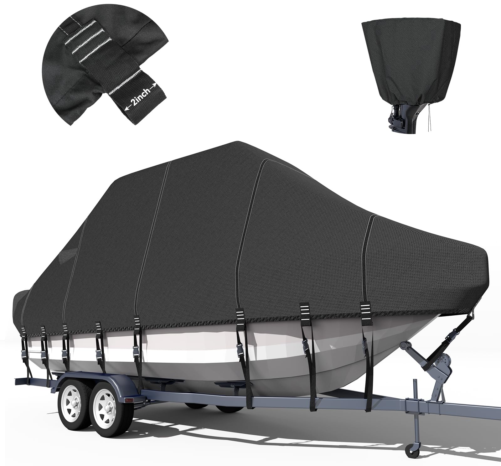 Trailerable T-Top Boat Cover Ture 1200D Solution Dyed Hard Top/T Top Boat Cover with 21 Windproof Straps, Motor Cover Fit 23'-25' Long Beam Width Up to 106" Center Console Boat with T Top Roof