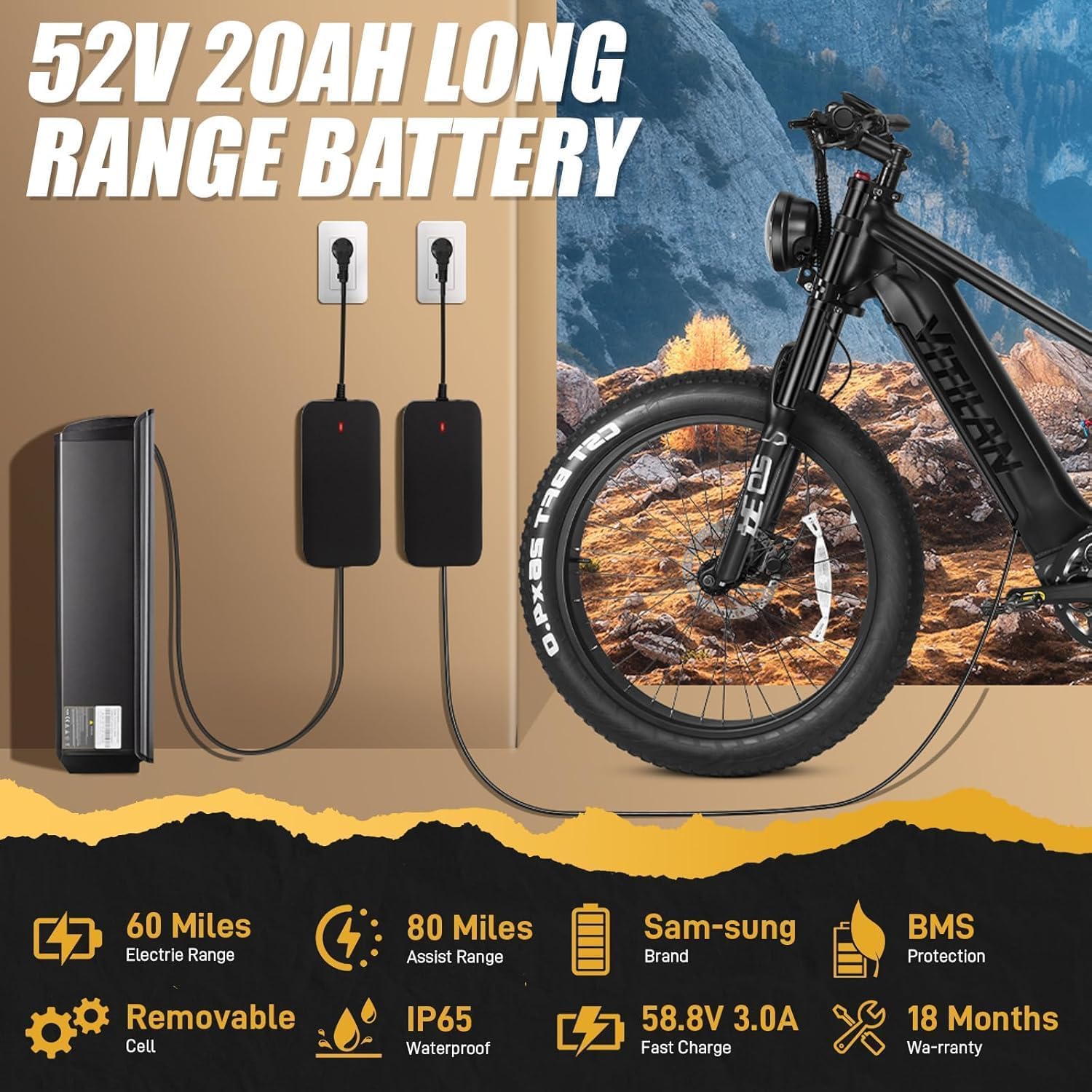 VITILAN T7 Pro Bici Elettrica per Adulti, Ebike a Lunga Autonomia 52V 20Ah, Bicicletta Elettrica da 26", Sospensioni Complete e Freni a Disco Idraulici, Telaio in Alluminio Impermeabile