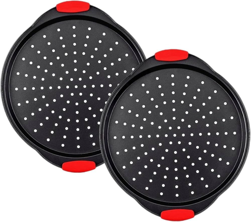 Pizza Pan for Oven (2 Pack) Round Pizza Pan with Holes - Non-Stick Carbon Steel Pizza Tray with Silicone Handles - for Cooking, Baking, and Grilling - Dishwasher Safe