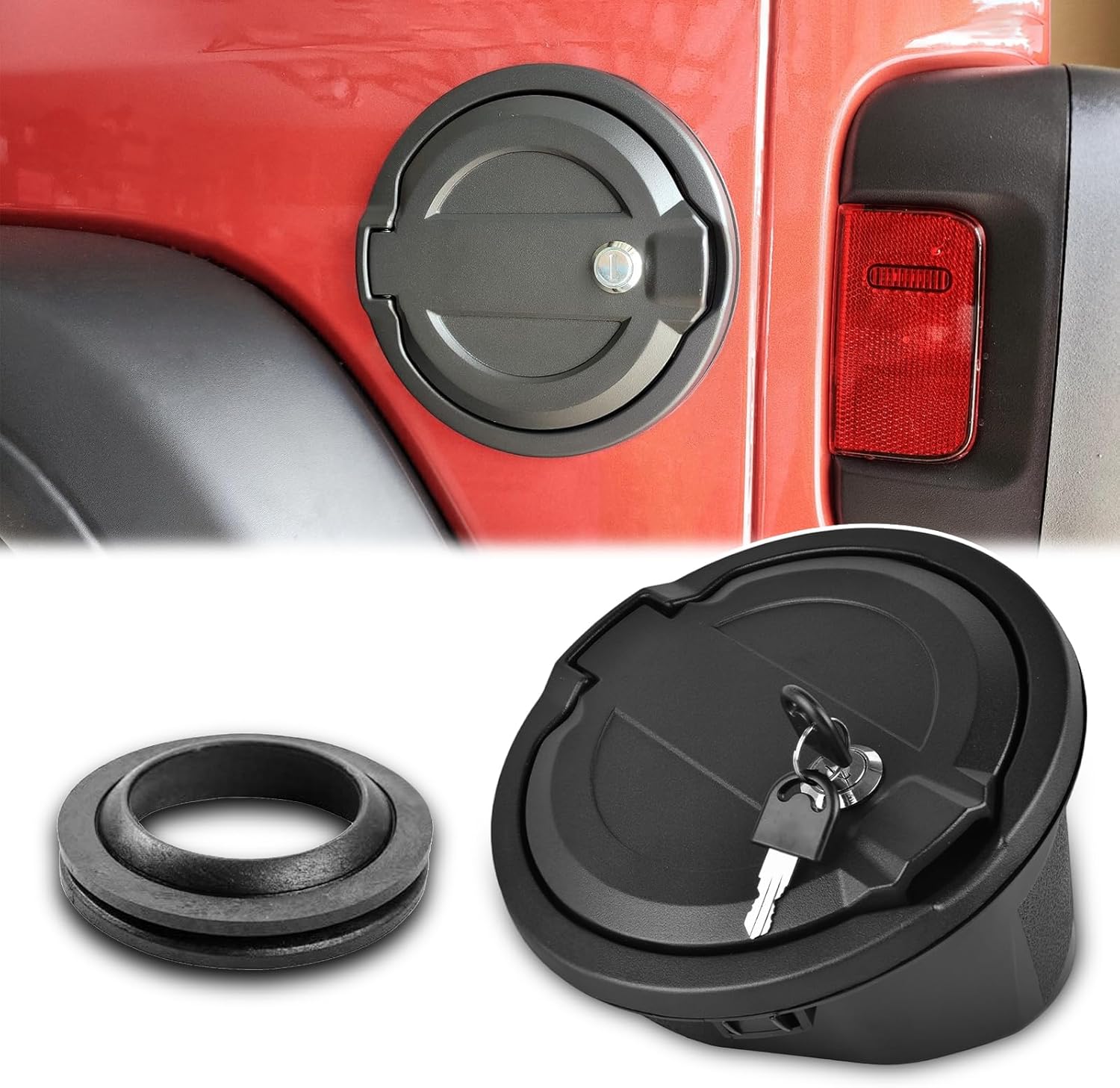 MuHize Fuel Filler Door Cover, Locking Gas Tank Cap Cover Compatible with Jeep Wrangler Accessories 2007-2018 JK Unlimited Rubicon Sahara, Aluminum, with Lock