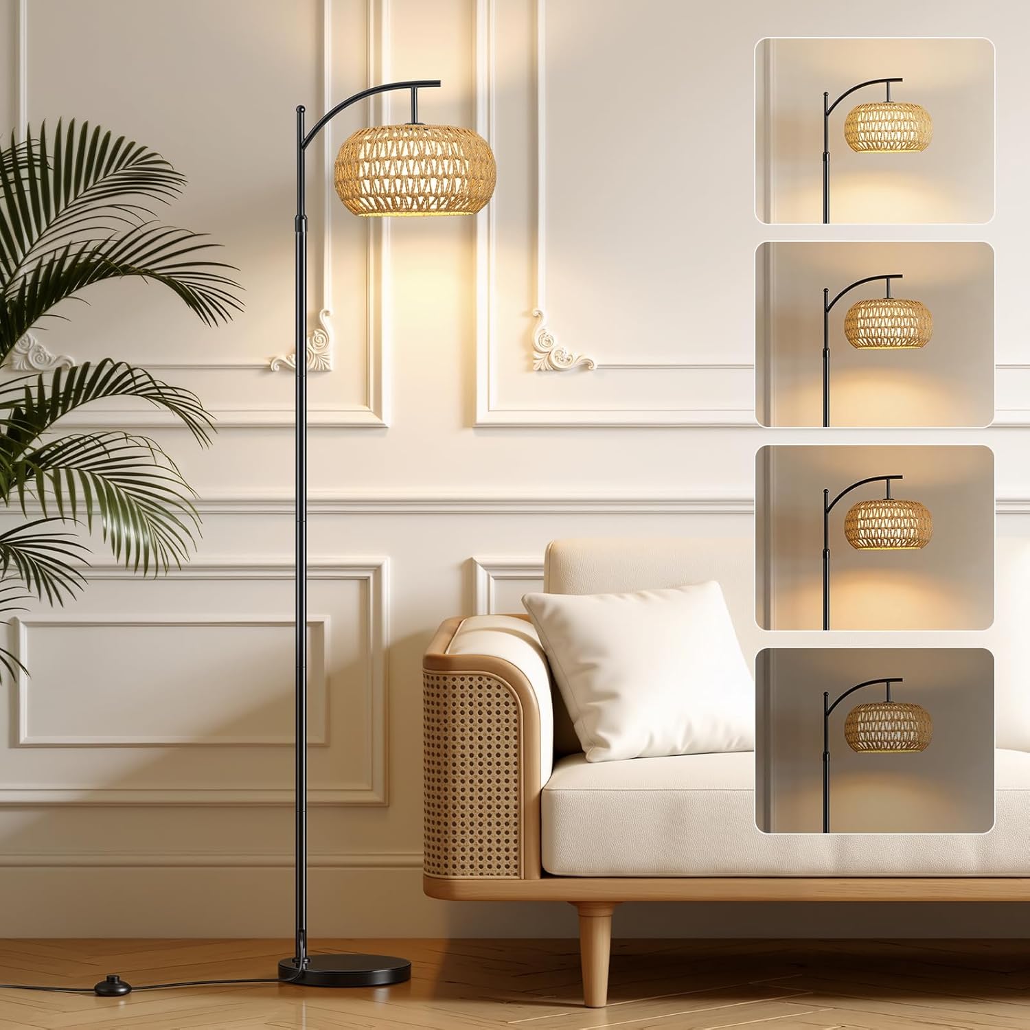 Arc Floor Lamps for Living Room Rattan Boho Floor Lamp with Shade, Boho Standing Lamp with Rattan & Fabric Shades, Adjustable Tall Lamp for Living Room Bedroom