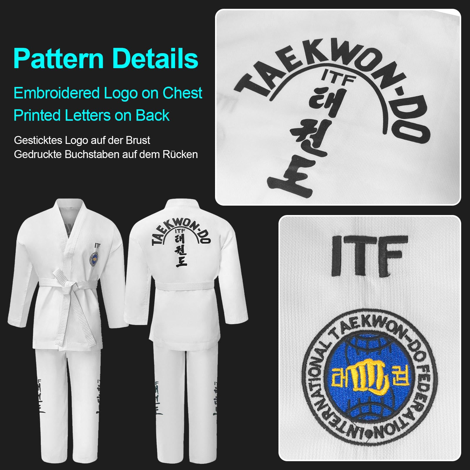 Kimono de Taekwondo ITF para Niños y Adultos, Karate Kimono con Cinturilla, Jiu Jitsu Ligeros Polialgodón, Entrenamiento Sparring Negro-180