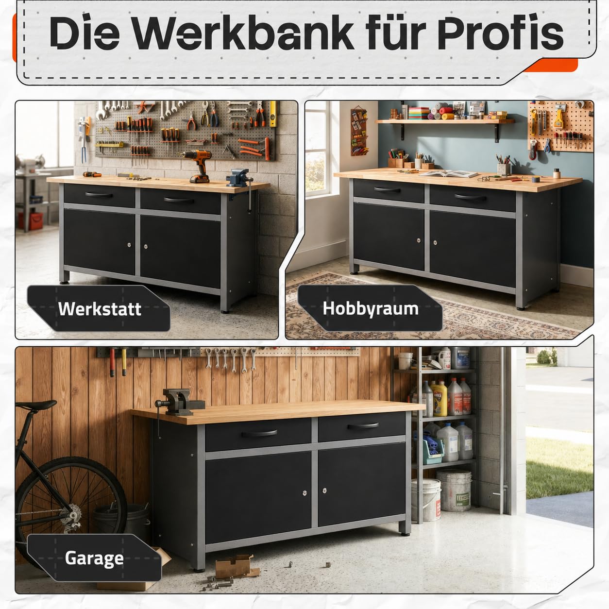 Ondis24 Werkbank Metall mit Schubladen, 2 Schubladen & 2 Türen, Werkstatt Metall 120 cm, Werktisch 120cm, Montagewerkbank, 28mm Buchenholzarbeitsplatte, Werkstatteinrichtung