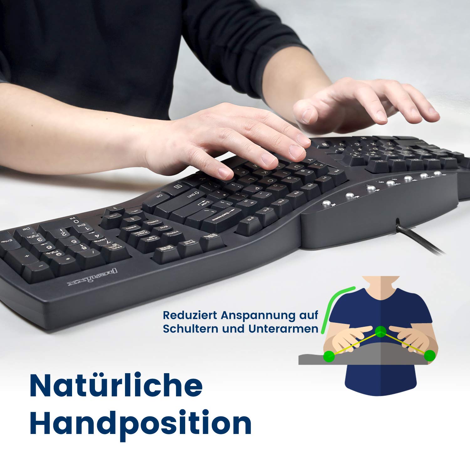 Perixx PERIBOARD-512 Ergonomische Tastatur - Geteiltes Tastenfeld - USB - Empfohlen bei Tennisarm -QWERTZ Deutsches Layout - Schwarz