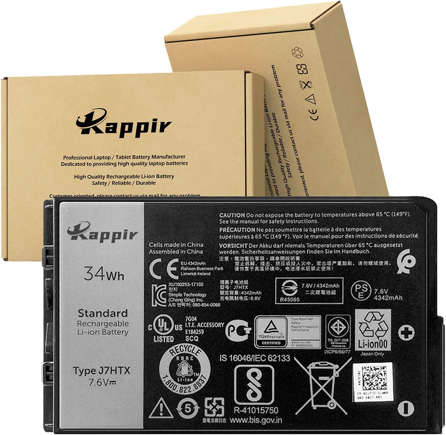 Kappir J7HTX Laptop Battery (7.6V 34Wh 4342mAh), Replacement for Dell Latitude 7202 7212 7220 Rugged Extreme Tablet Series Notebook 02JT7D 7XNTR FH8RW