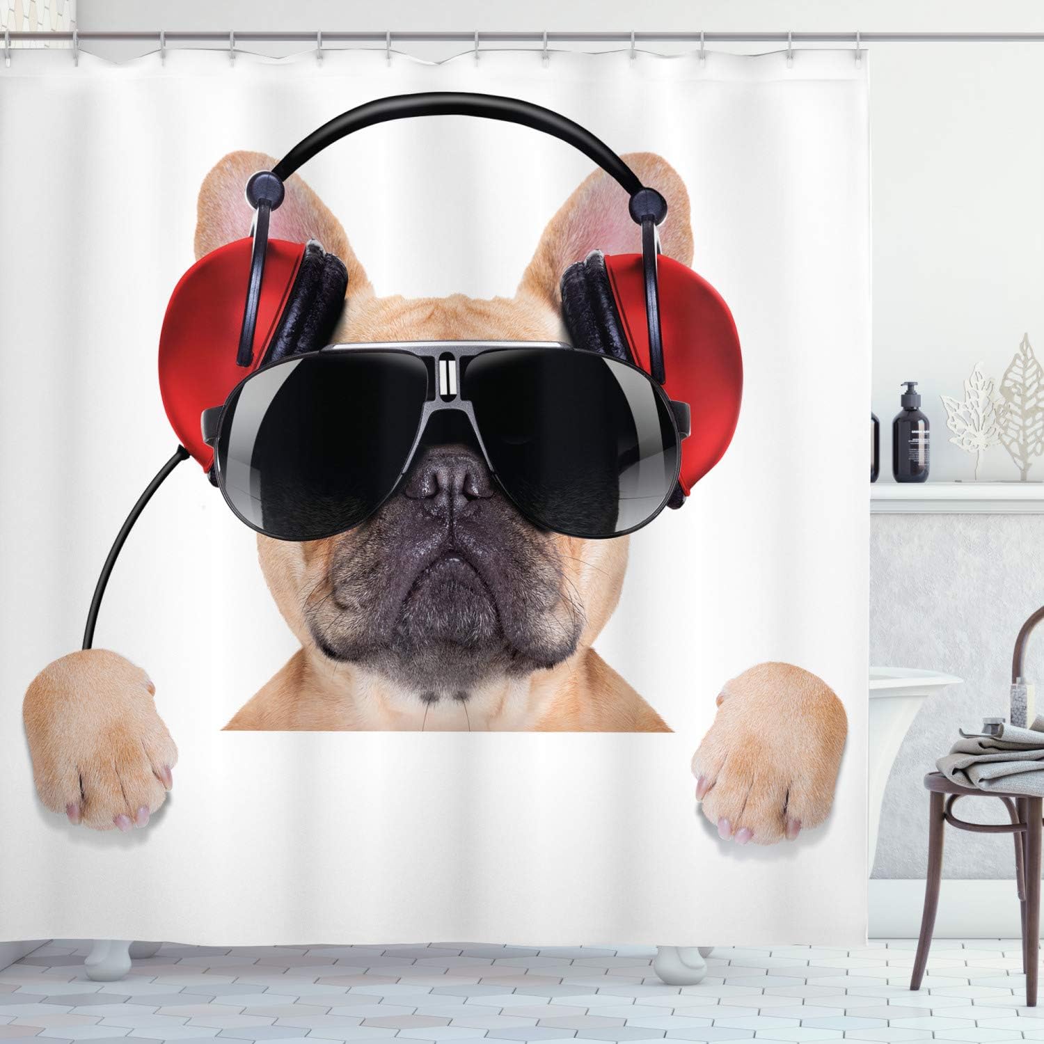 Ambesonne Popstar Party Shower Curtain, Dj Bulldog Headphones Listening to Music Behind White Banner, Cloth Fabric Bathroom Decor Set with Hooks, 69" W x 84" L, Pale Brown Black Red