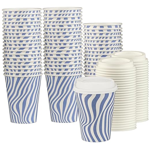 Smygoods Disposable Coffee Cups with Lids, To Go Paper Hot Cups, Blue Wave Design (12 OZ, 50 Count) For Hot Beverages, Coffee, Tea, Espresso, Cocoa - Vasos Para Cafe