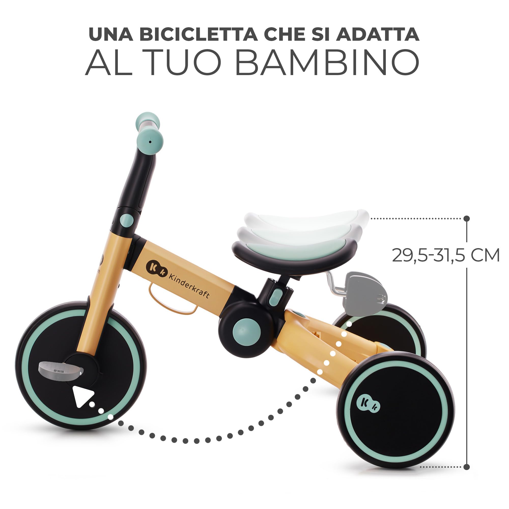 Kinderkraft Triciclo 3in1 4TRIKE, Mini bici, Carrello, Sella regolabile, Pieghevole, da 12 mesi a 5 anni, Giallo+Blu