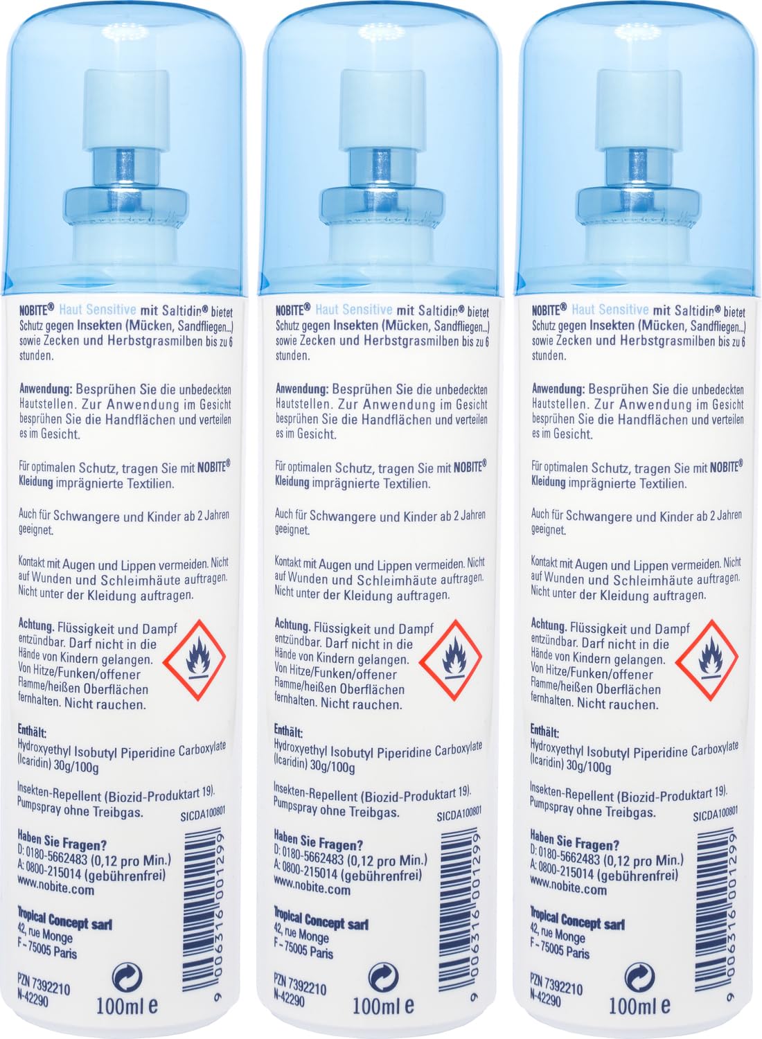 NOBITE Pelle Sensibile 3x100ml – Spray Antizanzare Bambini Icaridina 30%