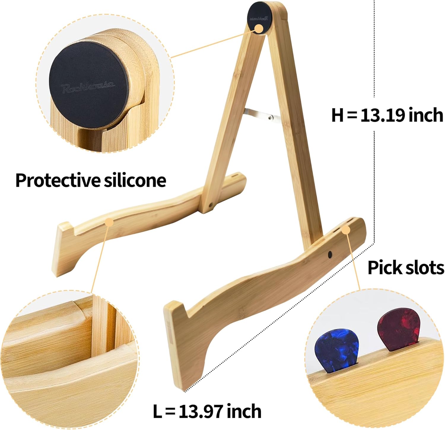 Rockhouse Guitar Stand Floor, Acoustic, Electric, Bass Guitars Cradle Support Solid Wood with Pick Slot, Folding A Frame Guitar Holder Portable for Gigs, Travel