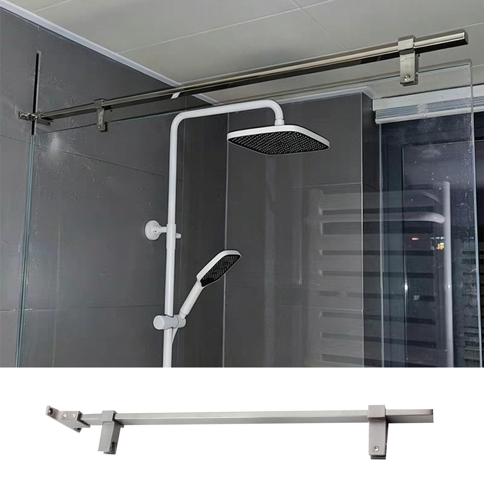 NMKSYX No Drilling in The Glass Shower Rod Stabilizer, Heavy-Duty Fashion Shower Glass Reinforce Bar, Fixed Glass Clamp Support Bracket for Frameless Shower Door(Gray,100cm(39 2/5"))