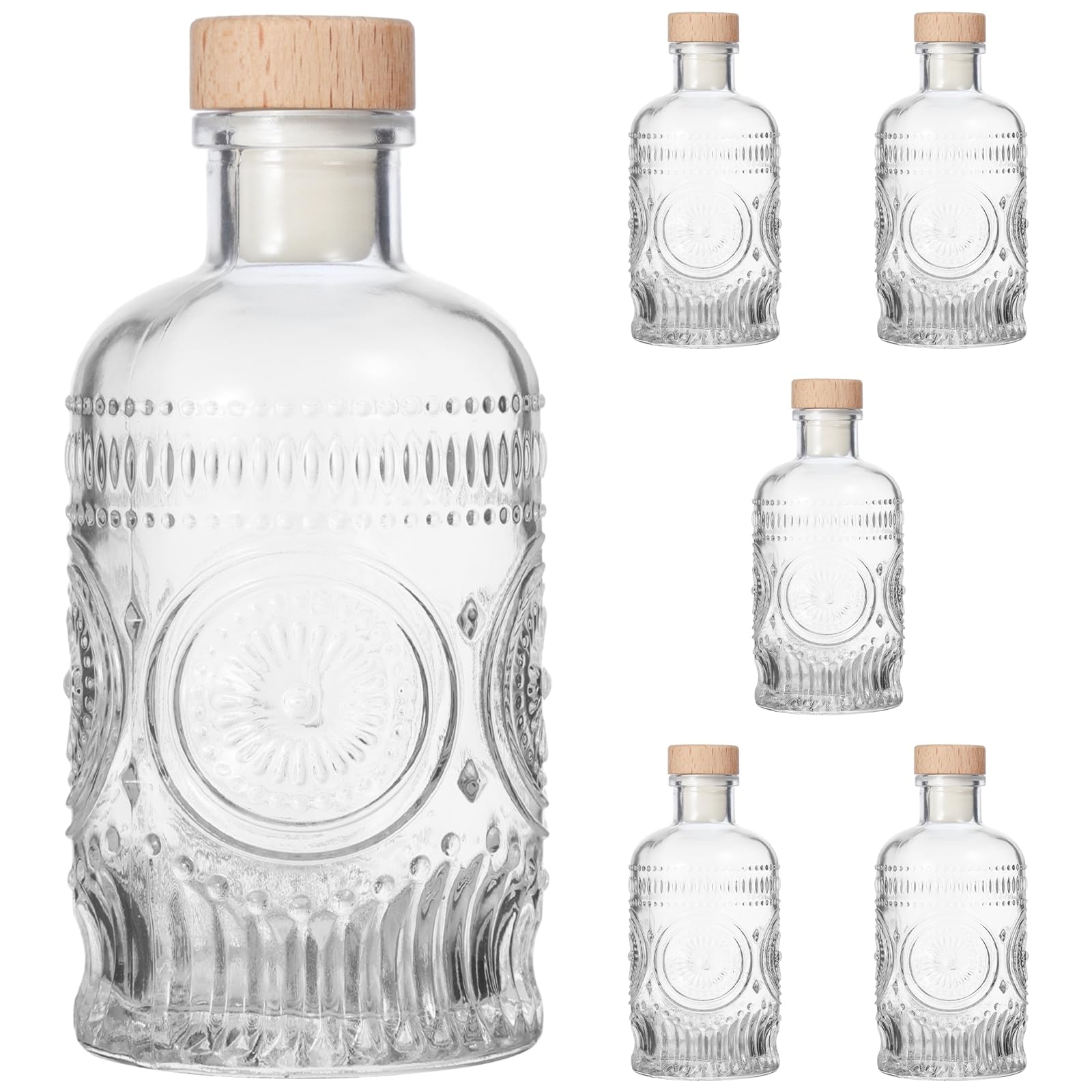 6 bottiglie di vetro con disegni floreali, bottiglie trasparenti da 200 ml con tappo in sughero, contenitori ermetici in vetro T-Top