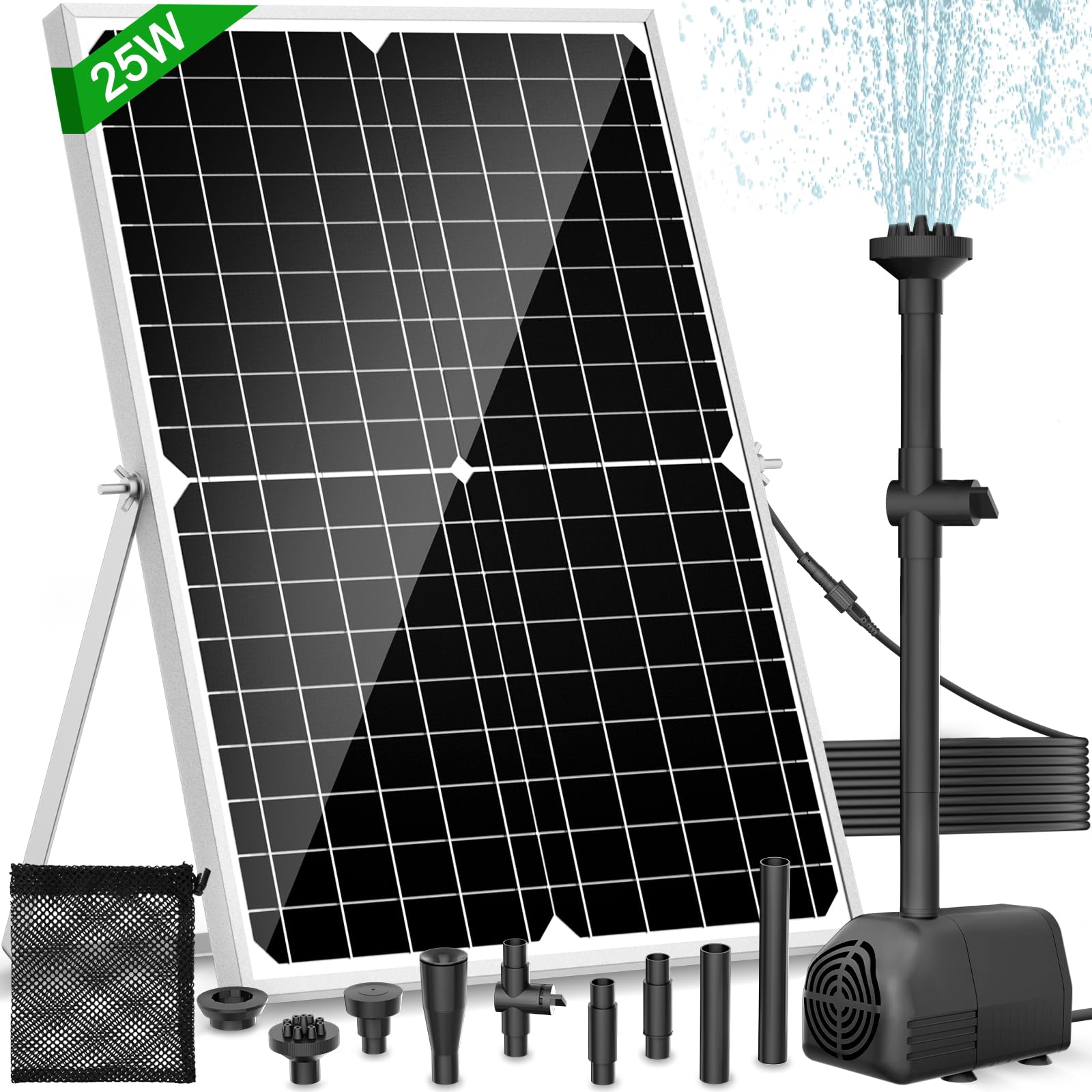 Pompa solare per laghetto, pompa per fontana solare da 25 W con flusso di 1700 l/h e 4 stili di spruzzo, cavo di alimentazione estensibile da 16,5 m, borsa barriera per detriti per fontane all'aperto