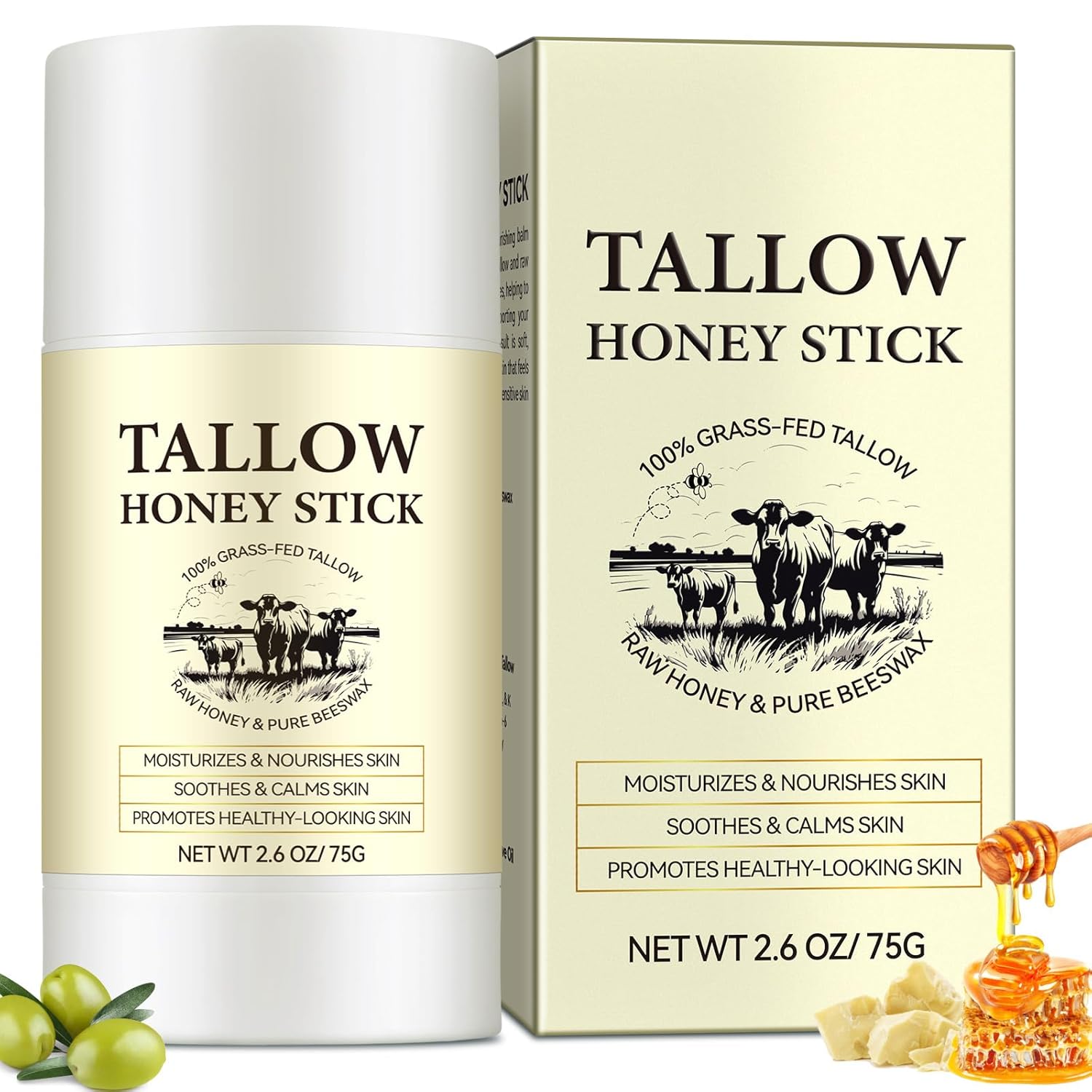 Honey Tallow Balm - 100% Grass-fed Tallow | Beef Tallow Face Cream Rich in Natural vitamins A, D, E, K, Omega Fatty Acids | Tallow Honey Balm with Shea Butter&Olive Oil | Beef Tallow Face Cream - 75G