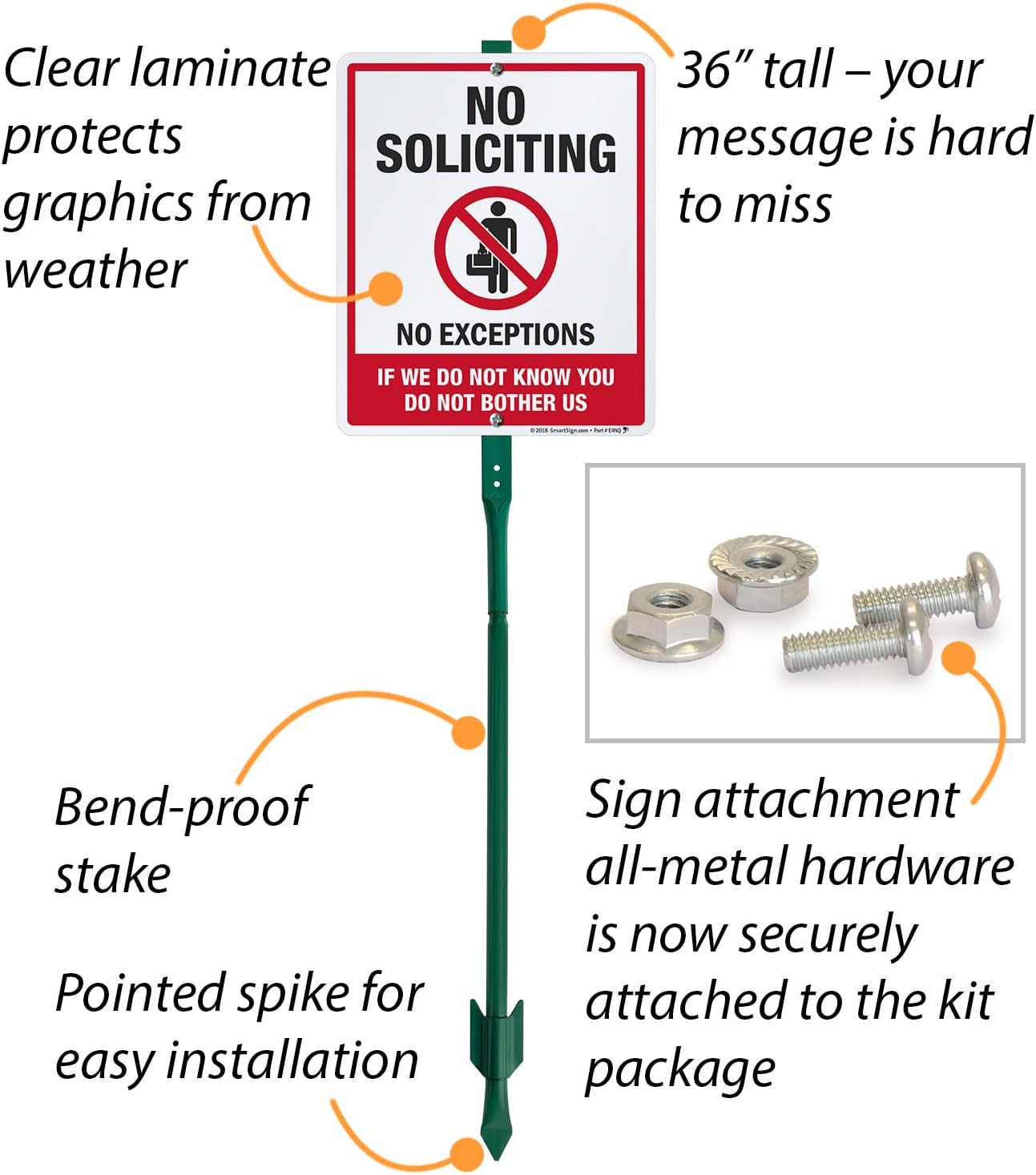 SmartSign 12 x 10 inch “No Soliciting - If We Do Not Know You Do Not Bother Us, No Exceptions” Yard Sign with 3 foot Stake, 40 mil Laminated Rustproof Aluminum, Red, Black and White, Set of 1, USA-Made