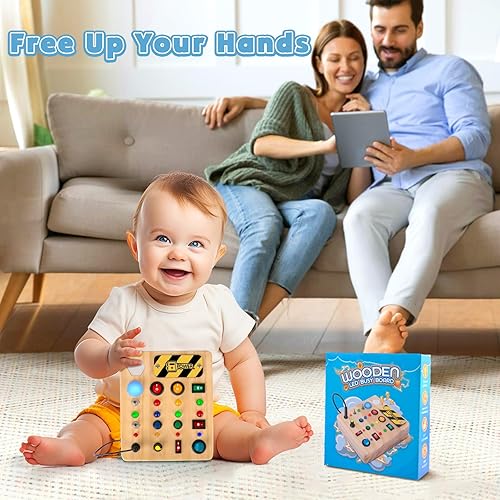 Miniatura 4 de HONGDDY Tablero de actividades Montessori de juguete para niños pequeños, juguete sensorial de madera con clasificador de formas con luz LED,