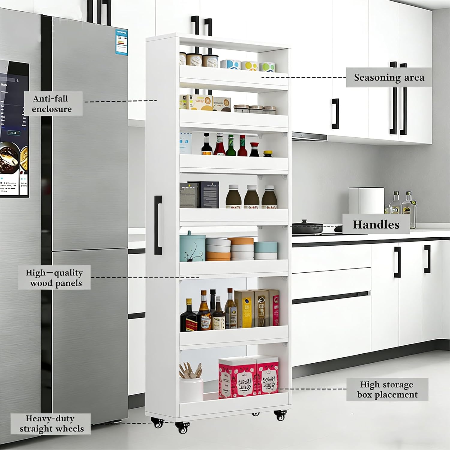 7Tier Wooden Spice Rack on Wheels Slim Rolling Storage Cabinet with Wheels Wood Spice Rack Next to Fridge Wooden Narrow Buffet Server Shelf,Light Walnut,W8× D22×H72