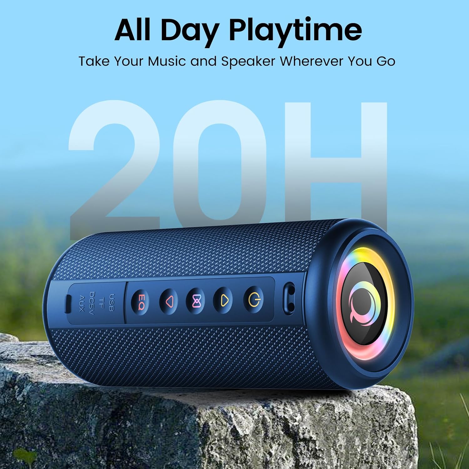 Portable Bluetooth Speaker, 2026 Bluetooth 5.4 Wireless Speaker with 20W HD Loud Stereo Sound, 20H Playtime, LED Lights, IP7, TWS Pairing, Built-in Mic, for Outdoor, Home, Beach, Party, Gift, Blue image 5