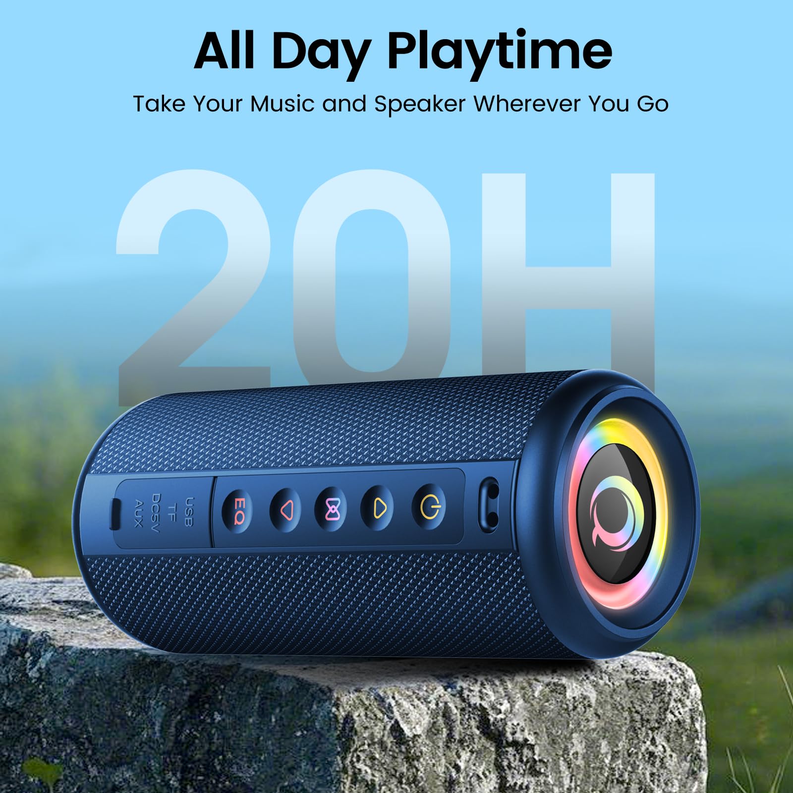Cassa Bluetooth Portatile Potente 20W, Altoparlante bluetooth 5.4 con 3 modalità EQ, 15 Ore di Autonomia, Luci RGB, IPX5 Impermeabile Speaker Supporto TWS, Micro-Con, AUX/TF Card per Esterno Festa Blu