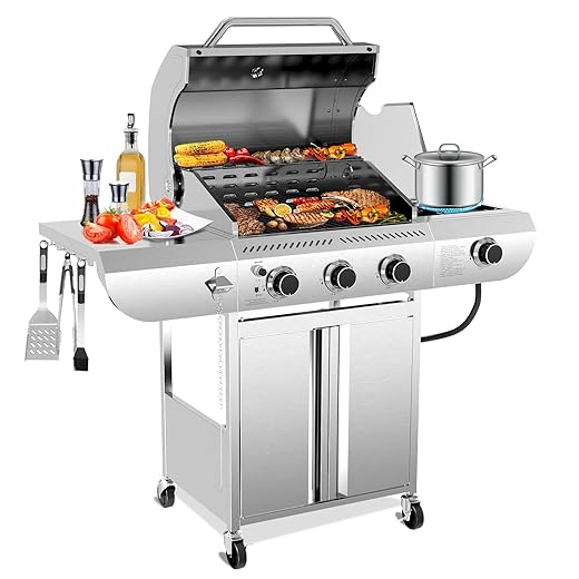 3-Burner Propane Gas Grill with Side Burner – 34,000 BTU Stainless Steel Outdoor BBQ Grill, Cast Iron Grates, Portable with Wheels for Patio, Camping