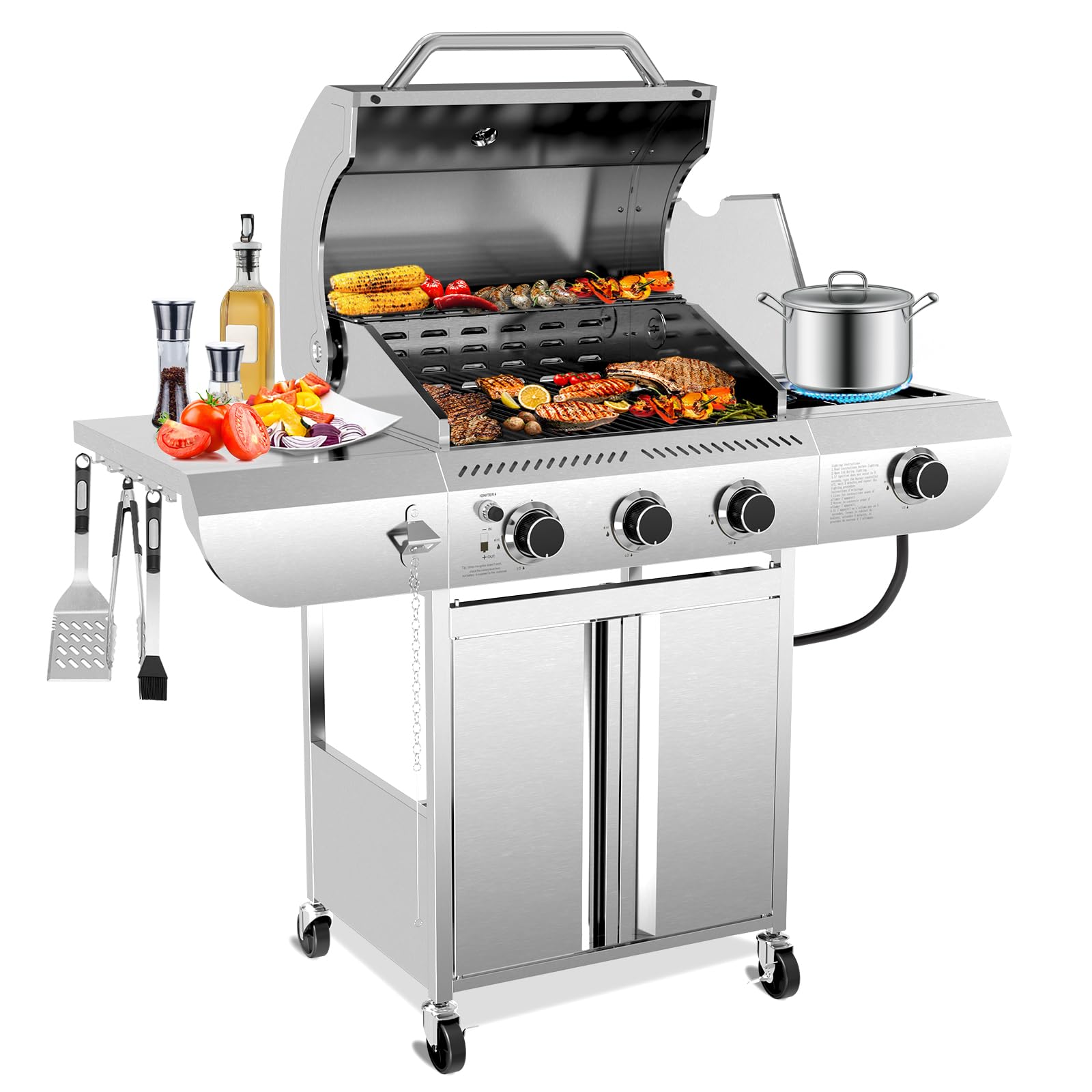 Electactic 3-Burner Propane Gas Grill with Side Burner – 34,000 BTU Stainless St