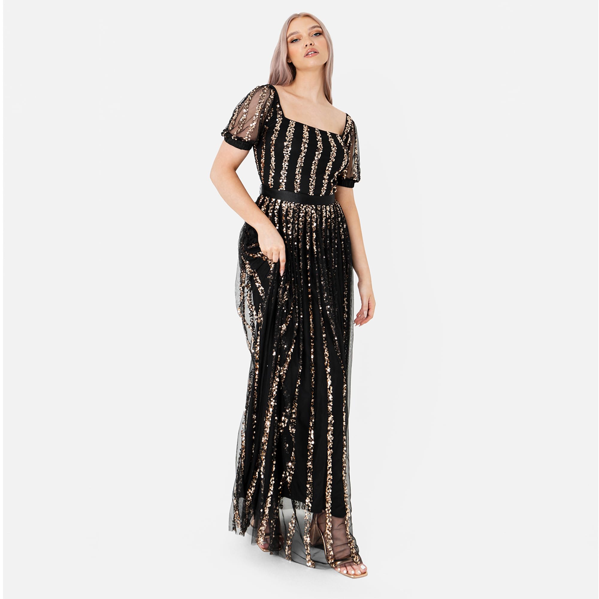 Maya Deluxe Maya Deluxe Damska Sukienka Maxi Cekinowa Kwadratowa Szyja Wysoki Stan A Cut Evening Gown For Wedding Guest Black Odzież damska (zestaw 1 sztuk), czarny, 38