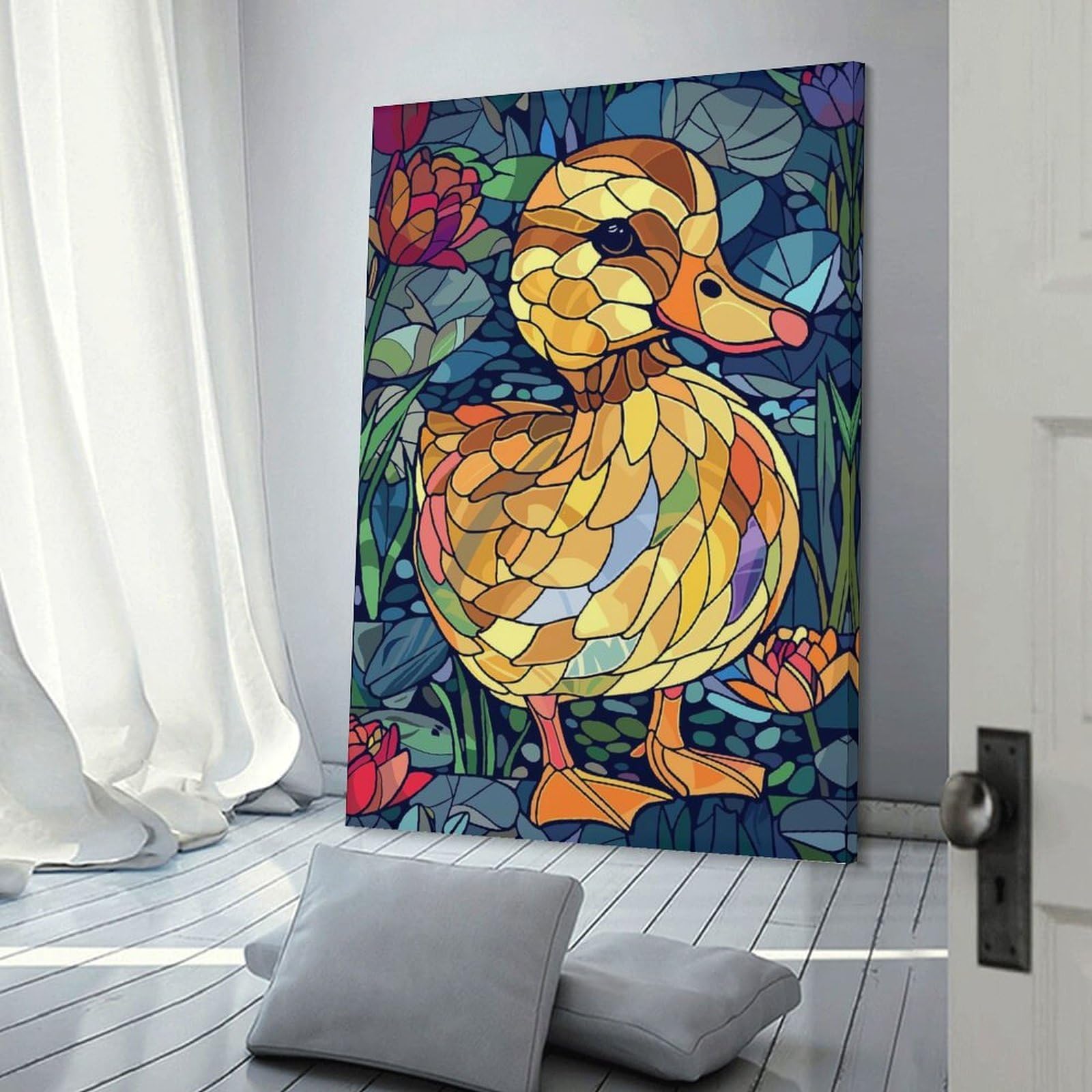 Junmoney Stained Glass Duckling with Water Lilies Decorative Canvas Print, 24x36inch(60x90cm), for Gallery Wall Decor And Room Displays, Wall Decor Suited to Curated Displays