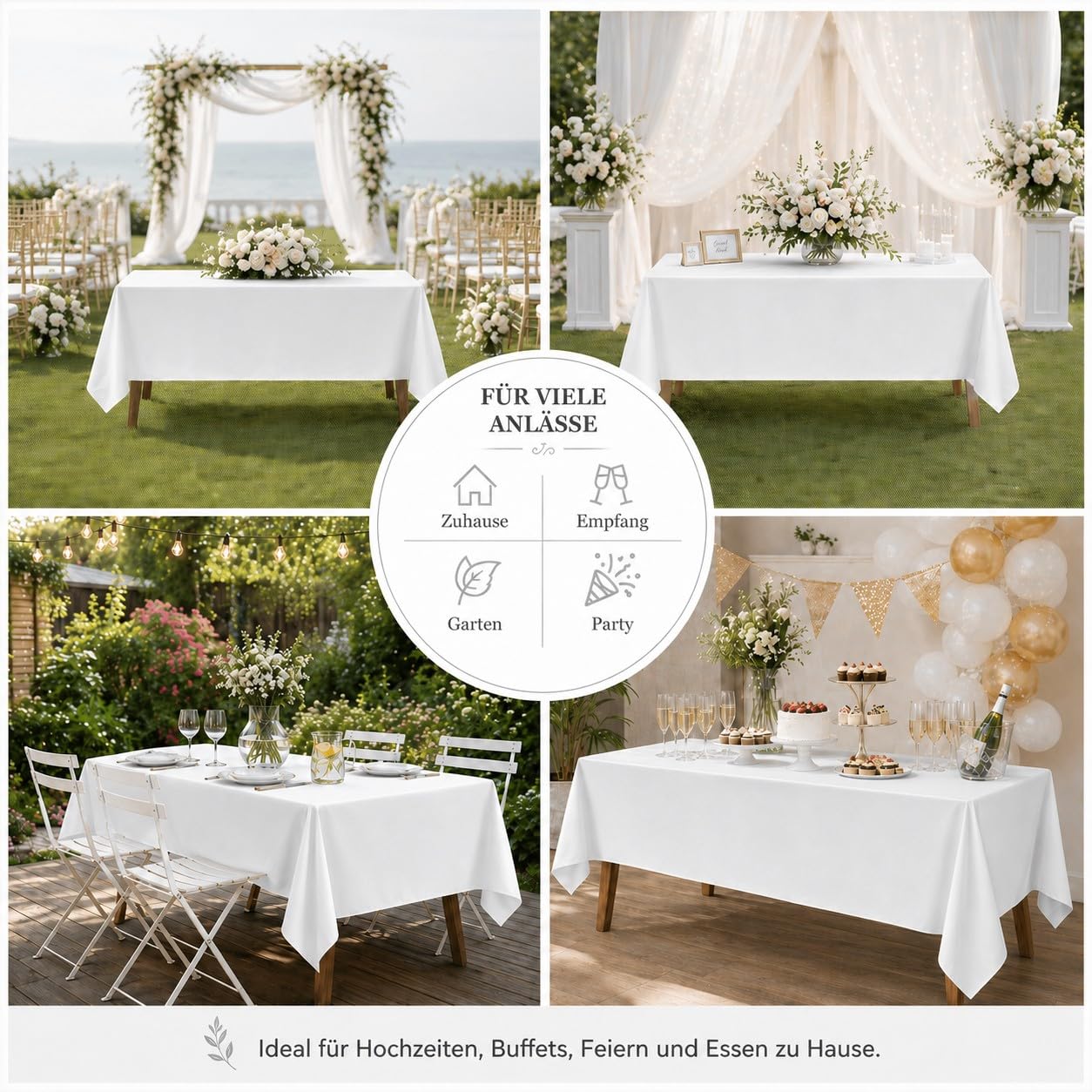 Pesonlook 4er-Set Rechteckige Tischdecke Weiß, 153 x 320 cm, Polyester-Tischtuch Waschbar, Wasserabweisend und Fleckenabweisend, Stofftischdecke für Hochzeit, Bankett, Party, Buffet
