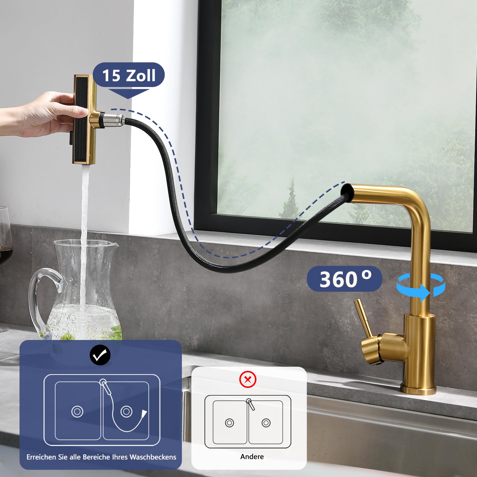 AIMADI Küchenarmatur ausziehbar golden, Wasserhahn Küche mit 3-Wege-Duschbrause & 38cm Schlauch, Einhebelmischer für Kalt- und Warmwasser, Armatur Küche für Spüle & Kücheninsel
