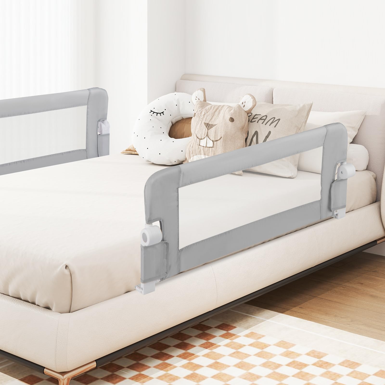 GOPLUS Barandilla Plegable para Cama de Niños Pequeños, Barandilla de Cama para Bebé Abatible con Tela Oxford de Malla, Anclaje, Protector de Seguridad para Cama de Tamaño Gemelo, Queen (Gris Claro)
