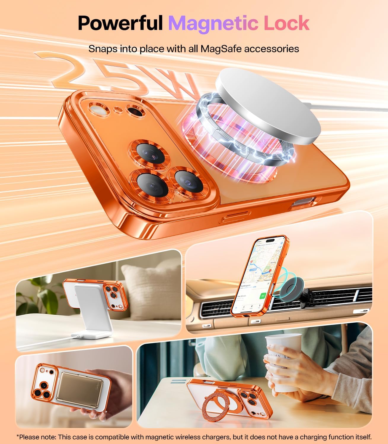 Meifigno Designed for iPhone 17 Pro Case 6.3", [Glitter Card & Wrist Strap] [Compatible with MagSafe] [2X HD Screen Protectors] Surround Raised Lens Protection for 17 Pro Case for Women,Cosmic Orange - Image 5