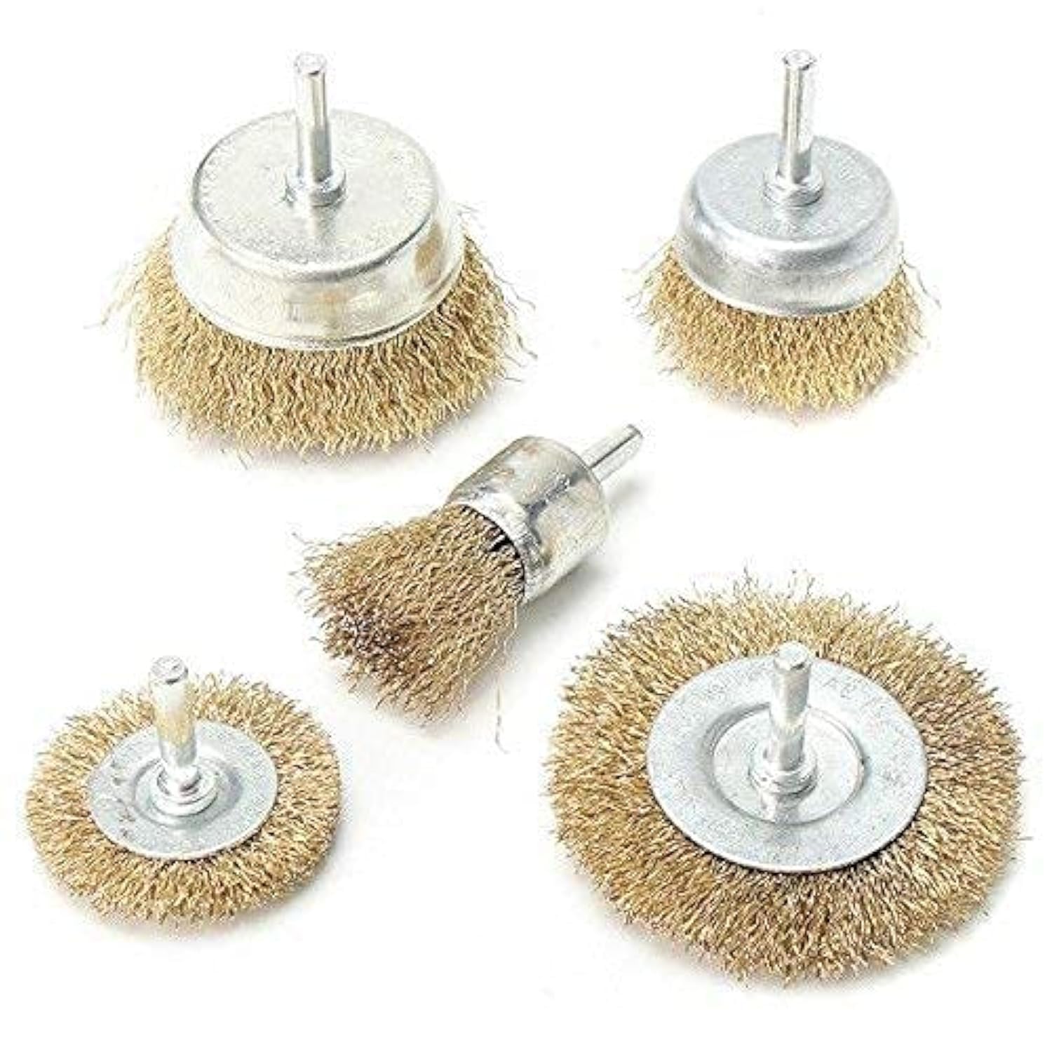 Inditrust Brass Coated Wire Brush Wheel and Cup Brush Set with 1/4-Inch Shank, 5 Sizes Coated Wire Drill Brush Set (Golden), Set of 5