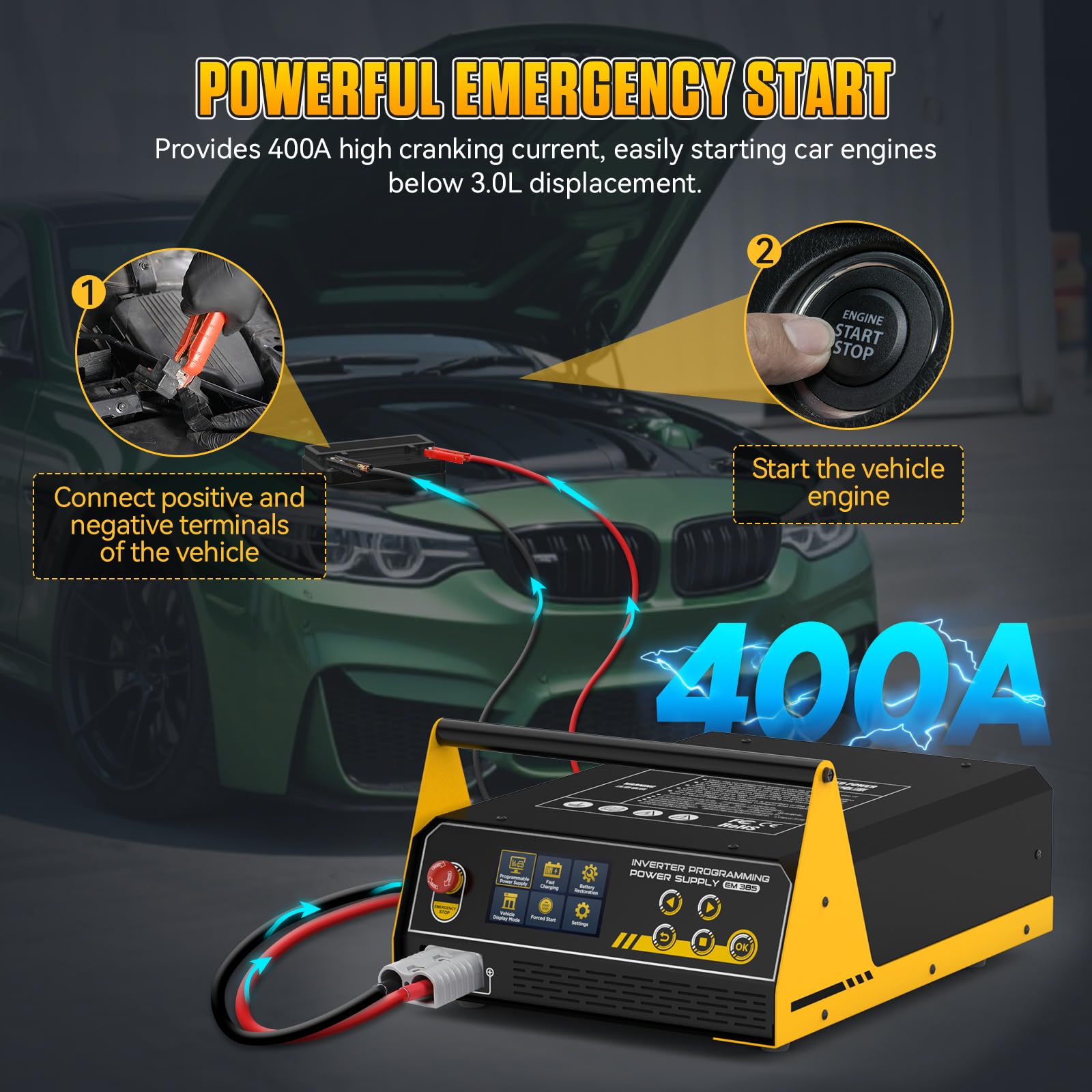 Inversor de potencia automotriz EM385 Programación de ECU y fuente de alimentación de CC de 9-16 V ajustable Programación de potencia, carga rápida, arranque auxiliar y reparación de baterías de litio