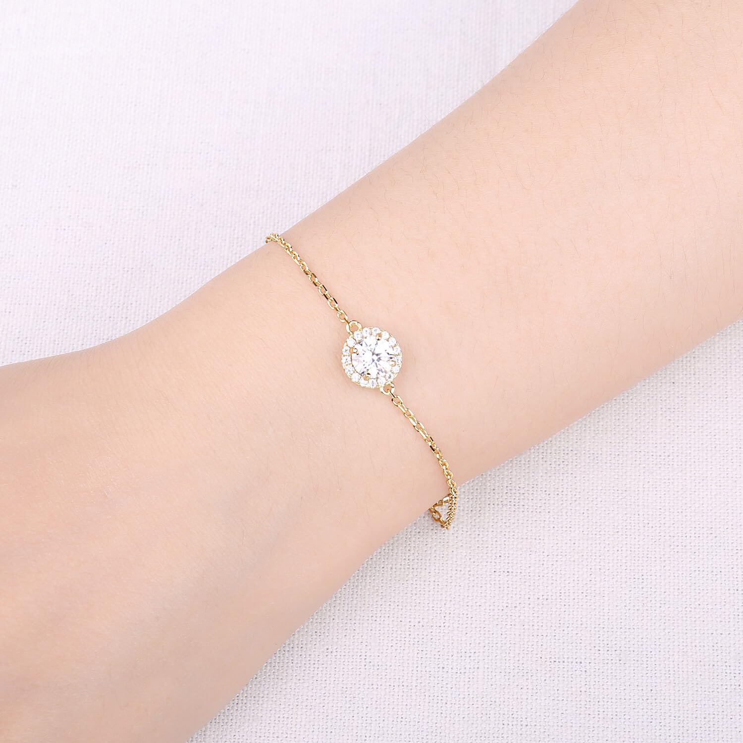 JewelryPalace Halo Ajustable Pulsera Mujer Plata Oro 14k Oro Rosa, Pulsera Niña Moissanita Corte Redonda, Brazalete Mujer Elegante Plata de Ley 925, Regalo Pulsera Piedras Conjunto Joyas Mujer