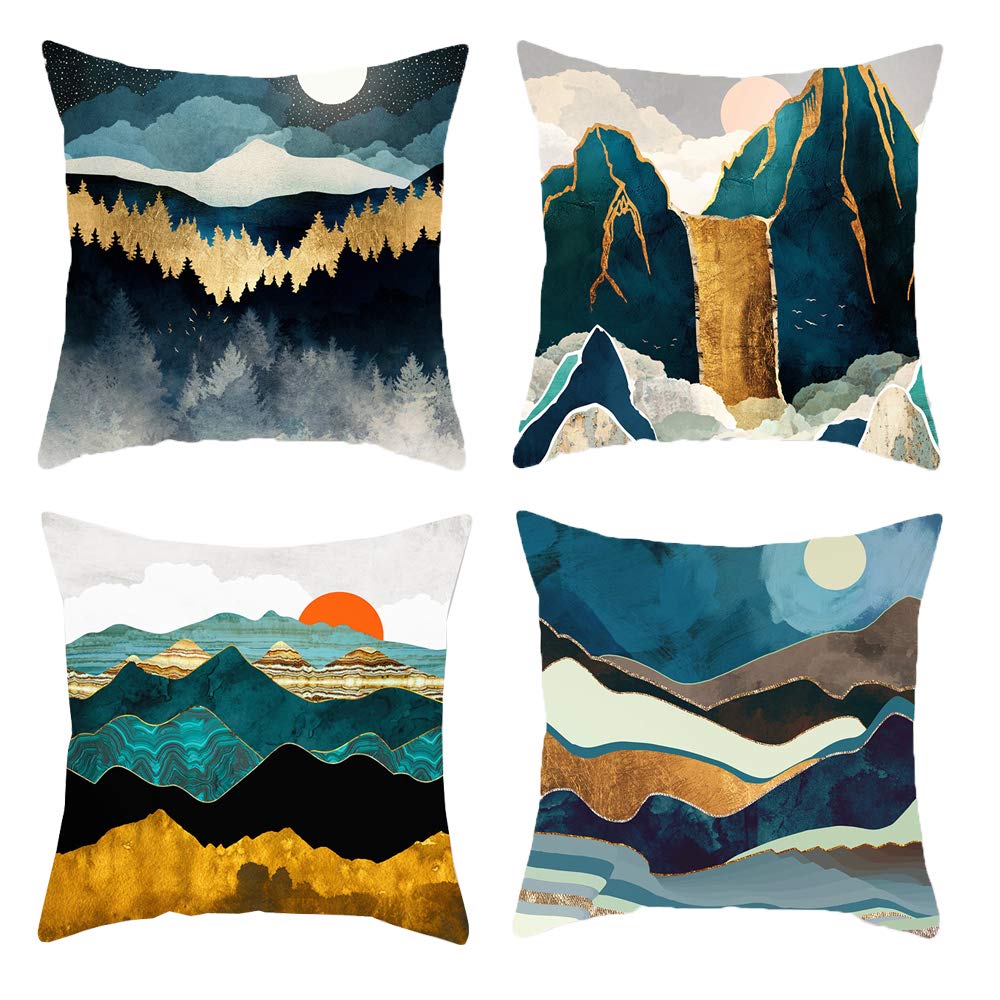 HOSTECCO Landscape Mountains Throw Pillow Cases Sunrise and Sunset Decorative Pillow Covers for Home Decor Set of 4 18x18 Inches