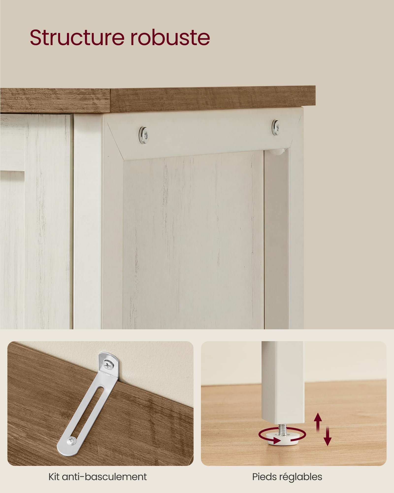 VASAGLE Meuble de Rangement, Buffet, Armoire de Cuisine, Placard, avec 3 Portes, pour Salon, Cuisine, Salle à Manger, 33 x 110 x 75 cm, Style Rustique, Marron Miel et Blanc Rustique LSC096WJ02