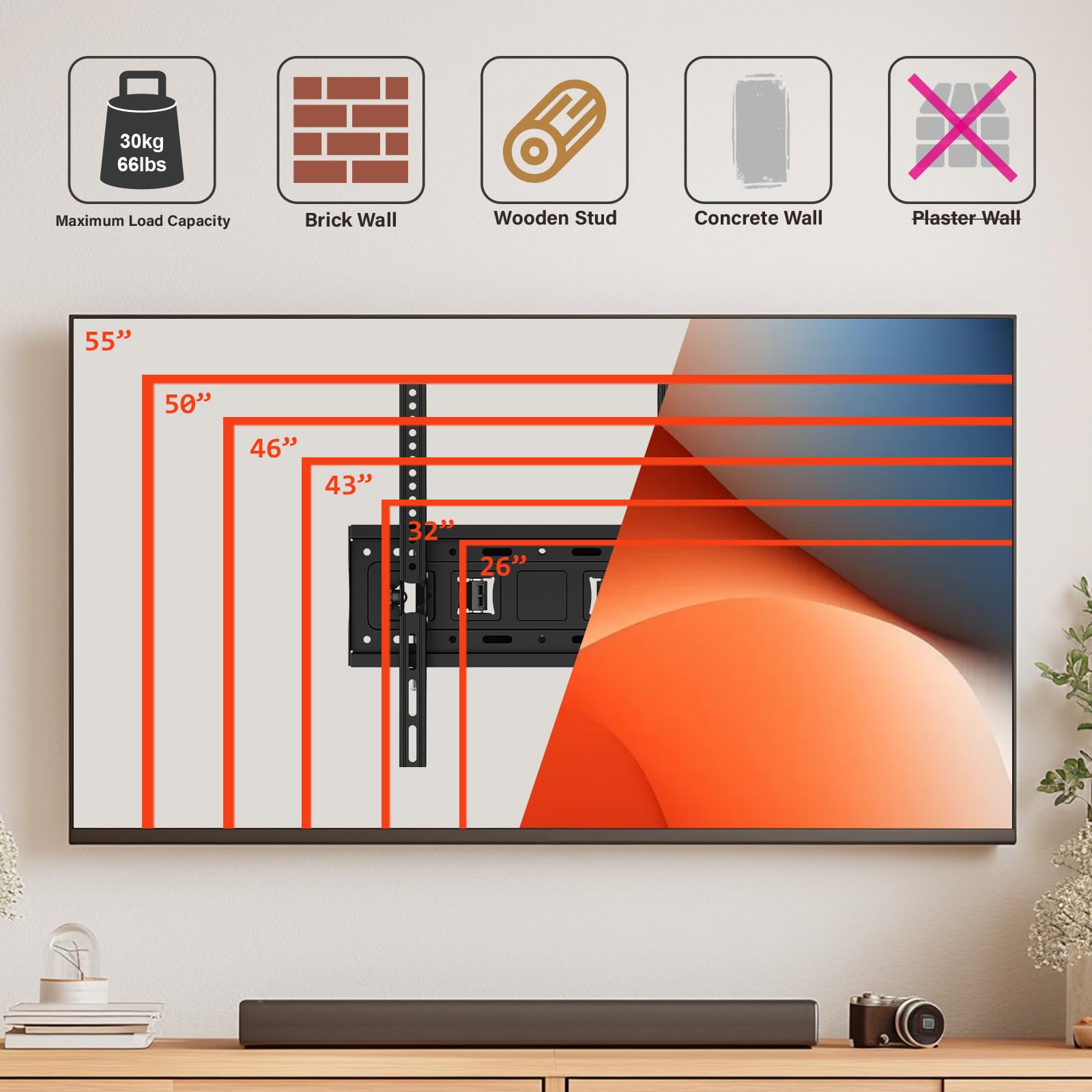 Muchen Supporto TV A Parete Inclinabile Supporto TV Inclinabile Per Monitor TV Piatto E Curvo Da 26-55 Pollici Fino A 30 kg Max.VESA 400x400mm