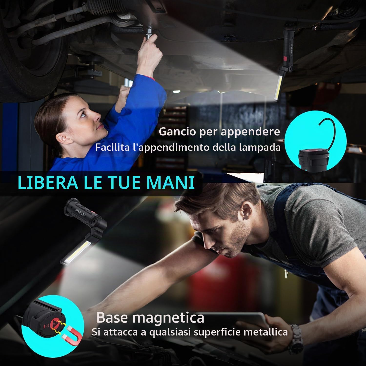 2 Pezzi Torcia Magnetica Ricaricabile,Usb Cob Lampade Di Ispezione,Portatile Con Gancio Appeso, Torcia 5 Modalità Lanterne Per Campeggio Esterna Autofficina Lampada,Riparazione Auto Emergenza