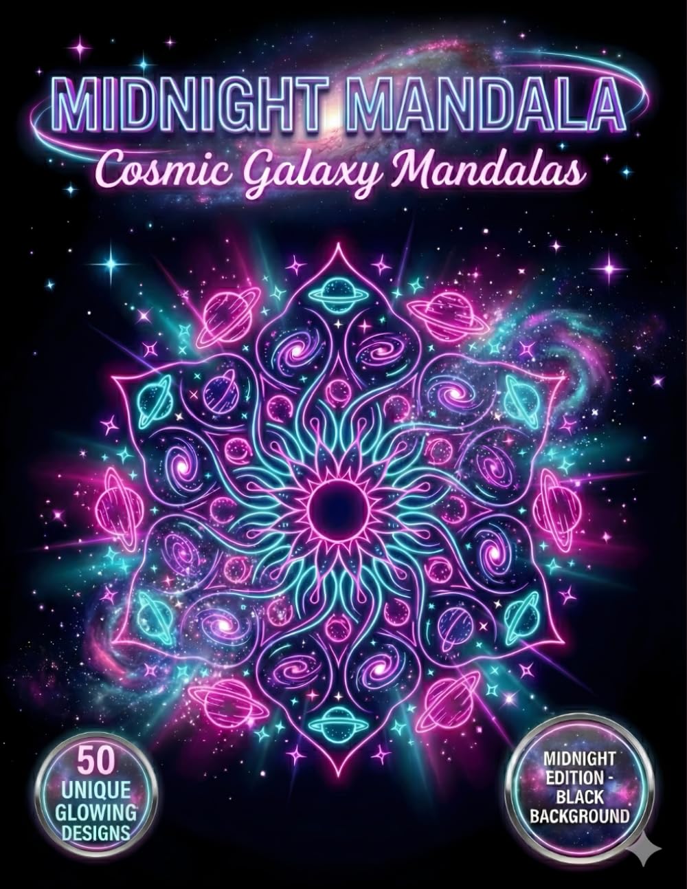 Midnight Mandala Coloring Book: Cosmic Galaxy Mandalas: 50 Bold Night Edition Designs on Black Background for Stress Relief and Anxiety (Midnight Neon Mandalas)