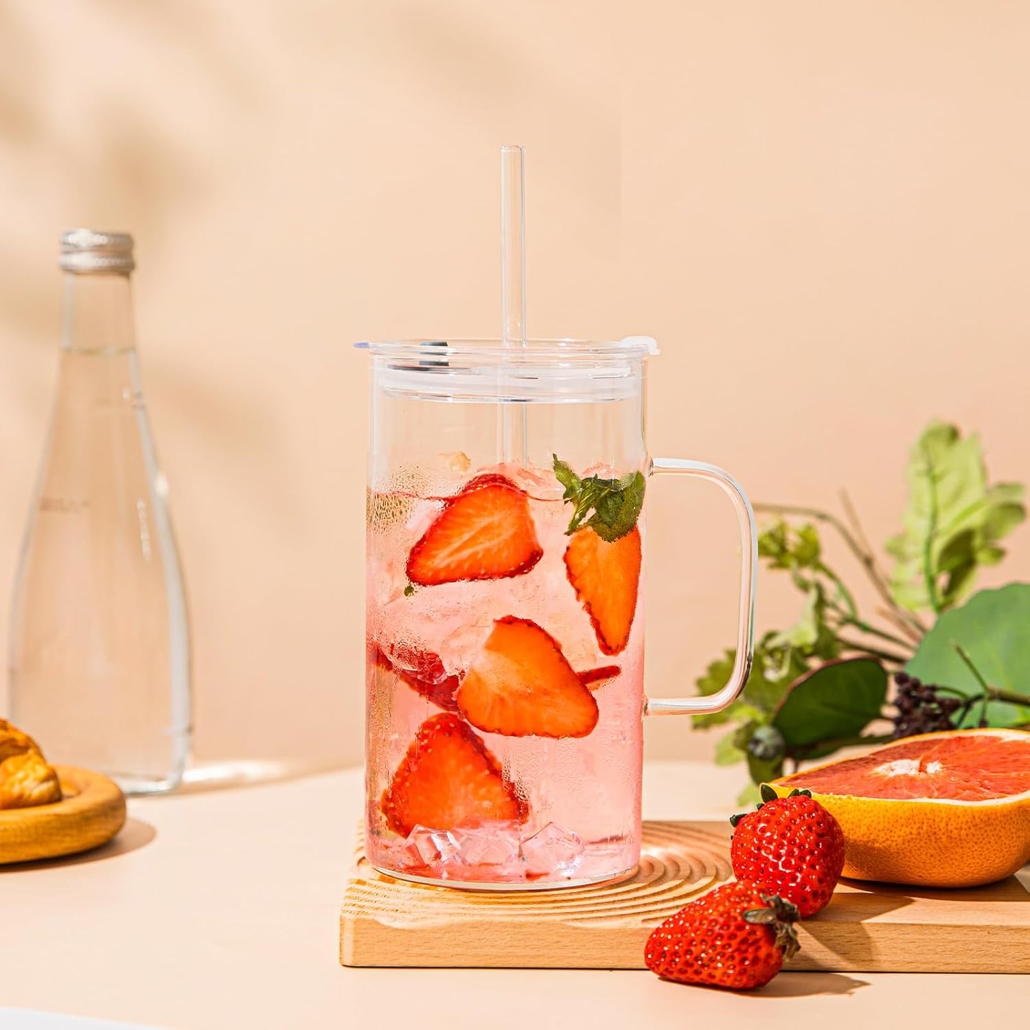 26oz Large Clear Glass Tumbler with Handle and Lid - Set of 2, Glass Cups with Glass Straws, Sleek and Clear Look - Perfect for Iced Coffee, Tea, Smoothies, and Cocktails - Image 6