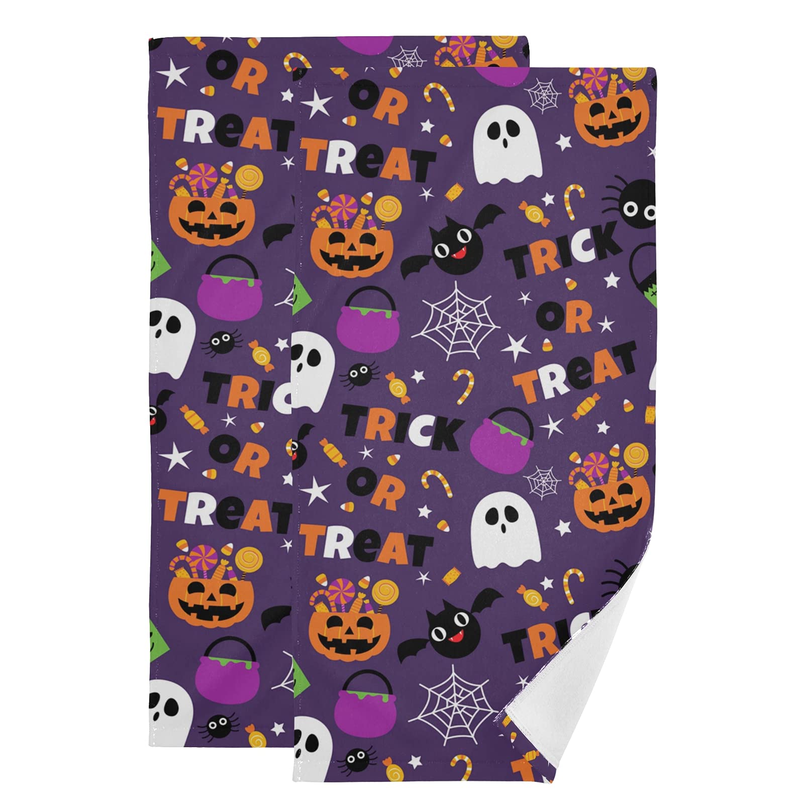 Happy Halloween Purple Pumpkin Fall Hand Bath Towel Highly Absorbent Soft Hanging Towels Trick or Treat Spooky Ghost Kitchen Dish Towel Set Washcloth 2pcs