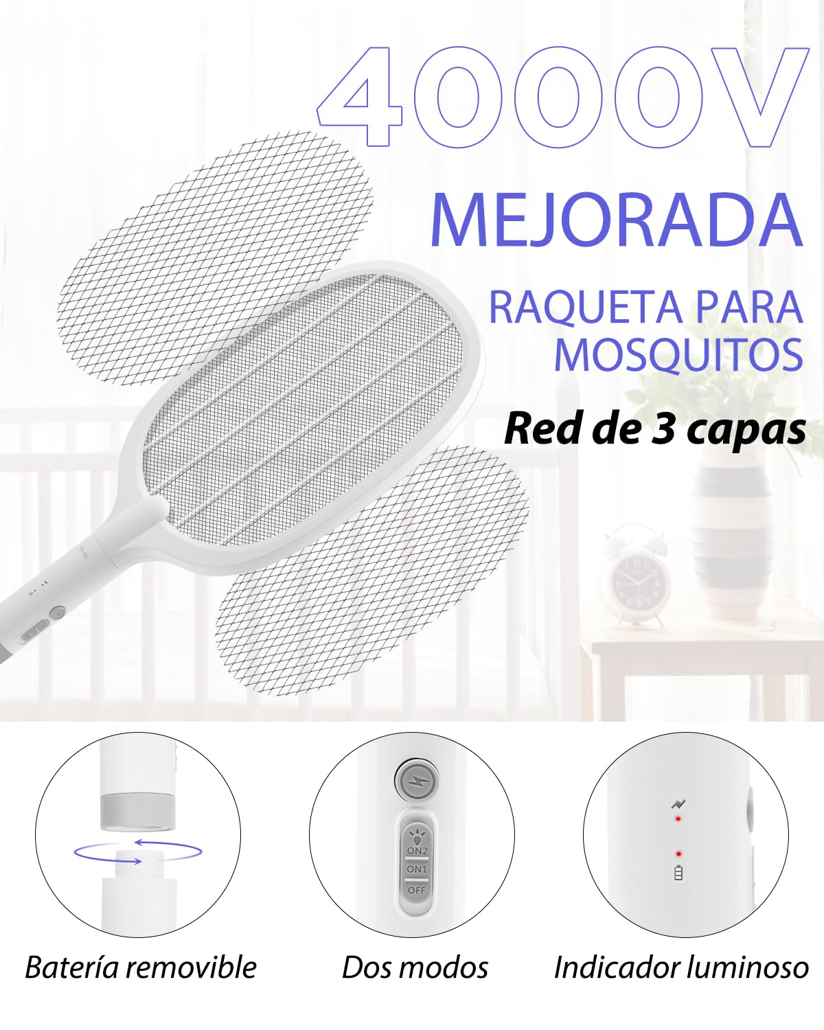 Raqueta Mosquitos Eléctrica, Matamoscas Electrico Recargable 4000V con USB Base, Antimosquitos Eléctrica con Luz Ultravioleta para Matar Mosquitos, Batería de 1800mAh, 2 Modos - Blanco