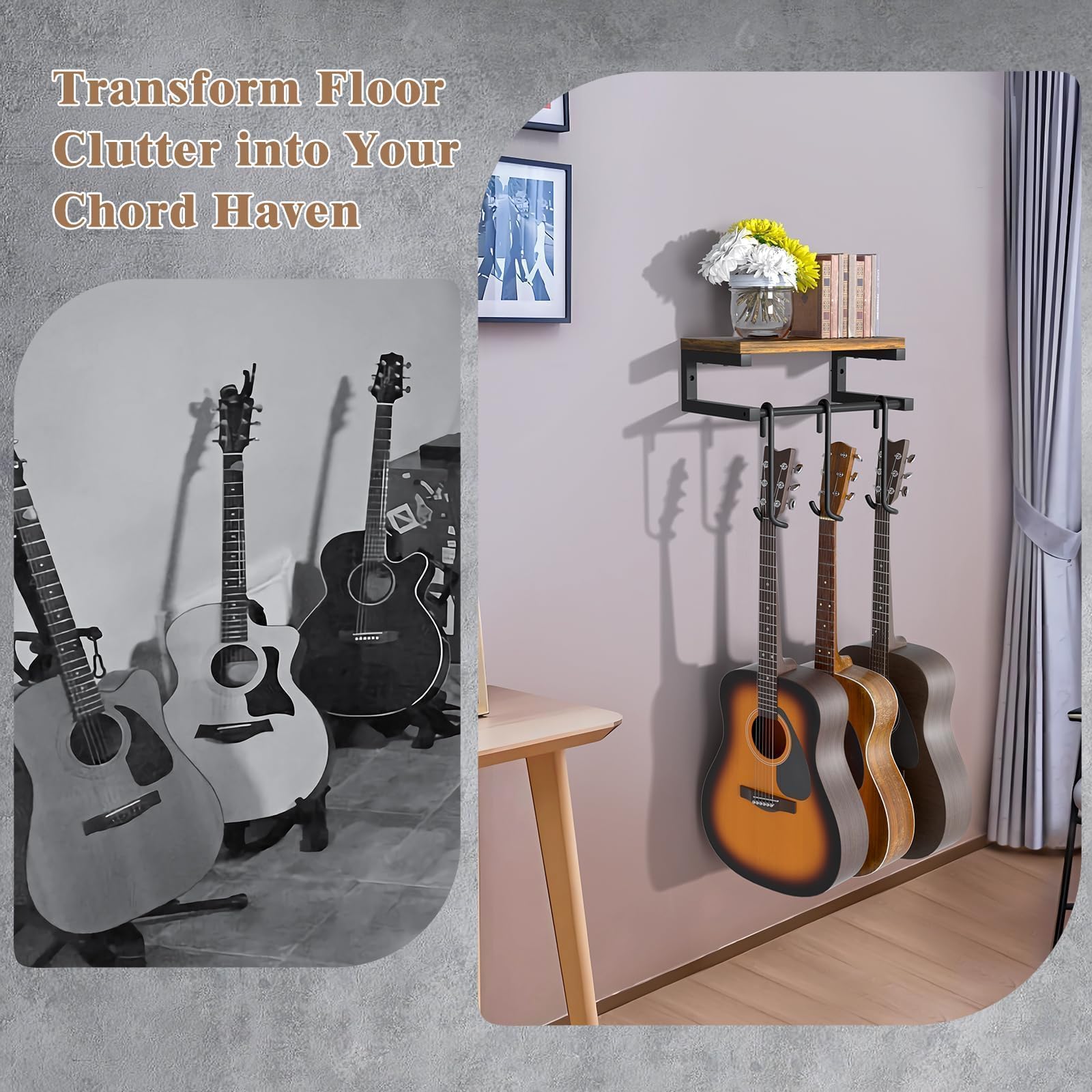 Uchwyt ścienny na gitarę VINCOURNA, 3 wieszaki ścienne na gitary z dużą półką, wielofunkcyjny uchwyt ścienny z haczykami do gitary elektrycznej, basowej, akustycznej, ukulele, skrzypiec, mandoliny