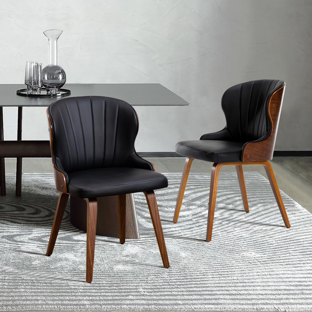 Dining Chairs Set of 2 Upholstered Dining Room Chairs Faux Leather Kitchen Chairs with Wood Legs Shell Mid Century Modern Chairs for Dining Room, Kitchen, Living Room, Black