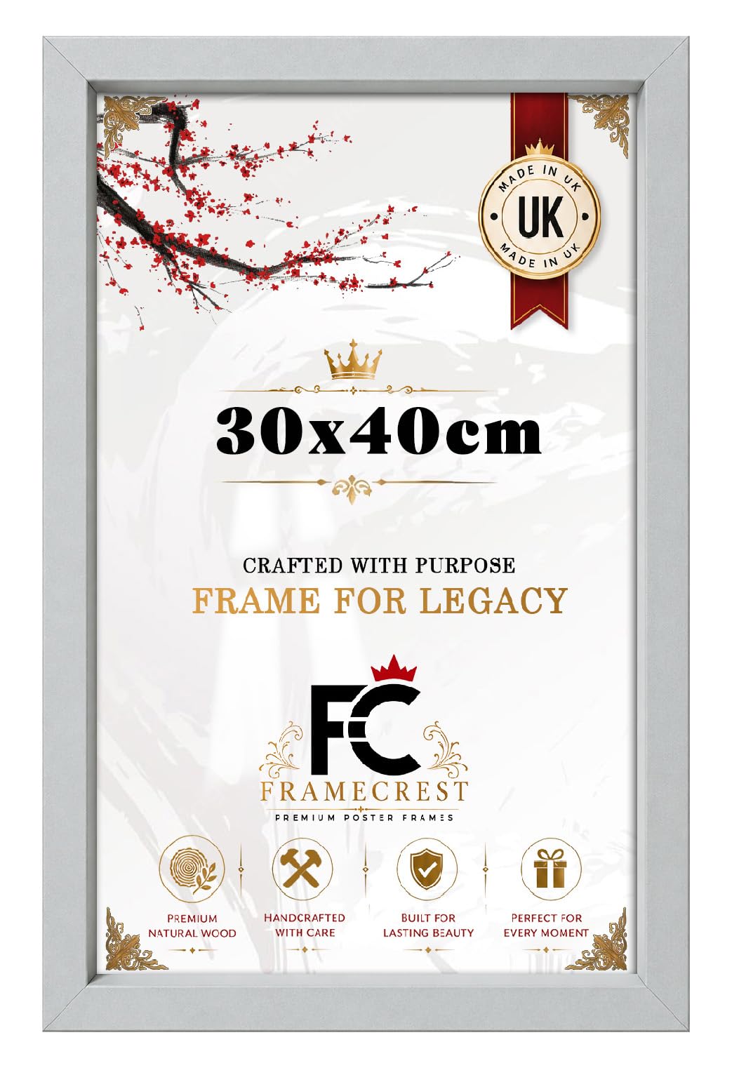FRAMECREST Professional Design 30x40cm Poster/Picture Frame | MDF Wood Finish Clear Perspex | Rectangle for Posters | Landscape or Portrait Orientation | Wall Décor-[Light Grey]
