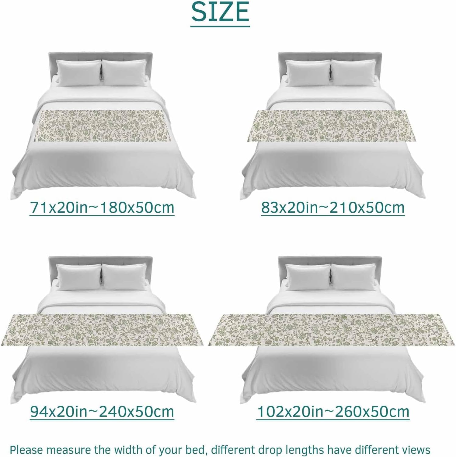 Farmhouse Sage Green Bed Runners for Queen Size Beds, Decorative Bed Throws for Foot of Beds, Luxury Bedding Protector Slipcover Vintage Flower Leaf Botanical Bedrunners & Scarves for Hotel, 94"x20"
