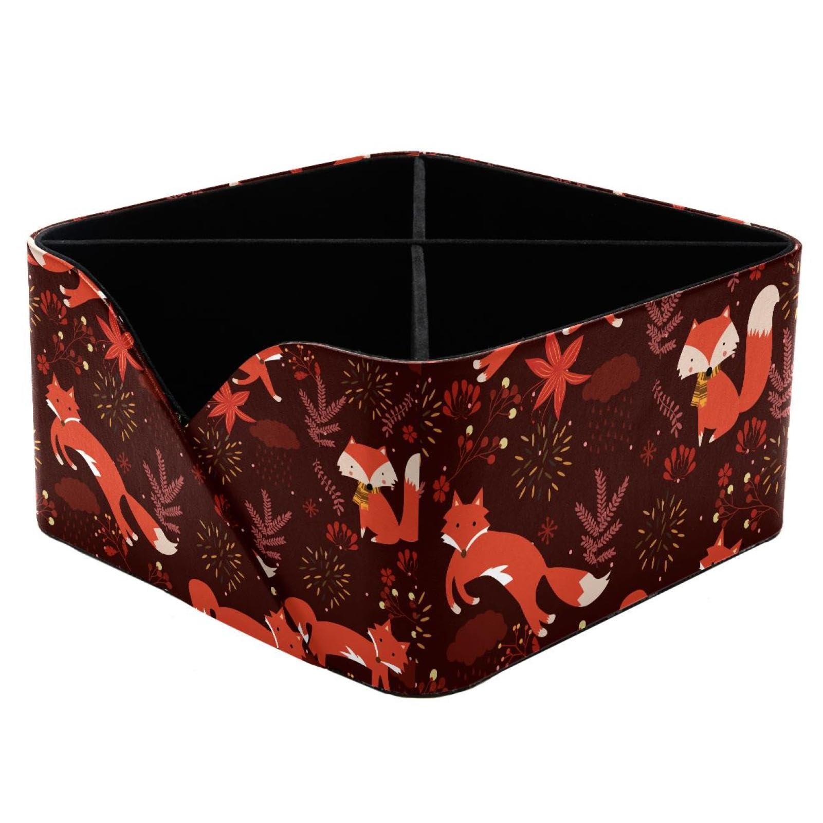 KengjuTesu Red Fox Leaf Pattern Desktop Organizer Pen Holder, Rectangular Pencil Cup for Office, Study and Makeup Stations